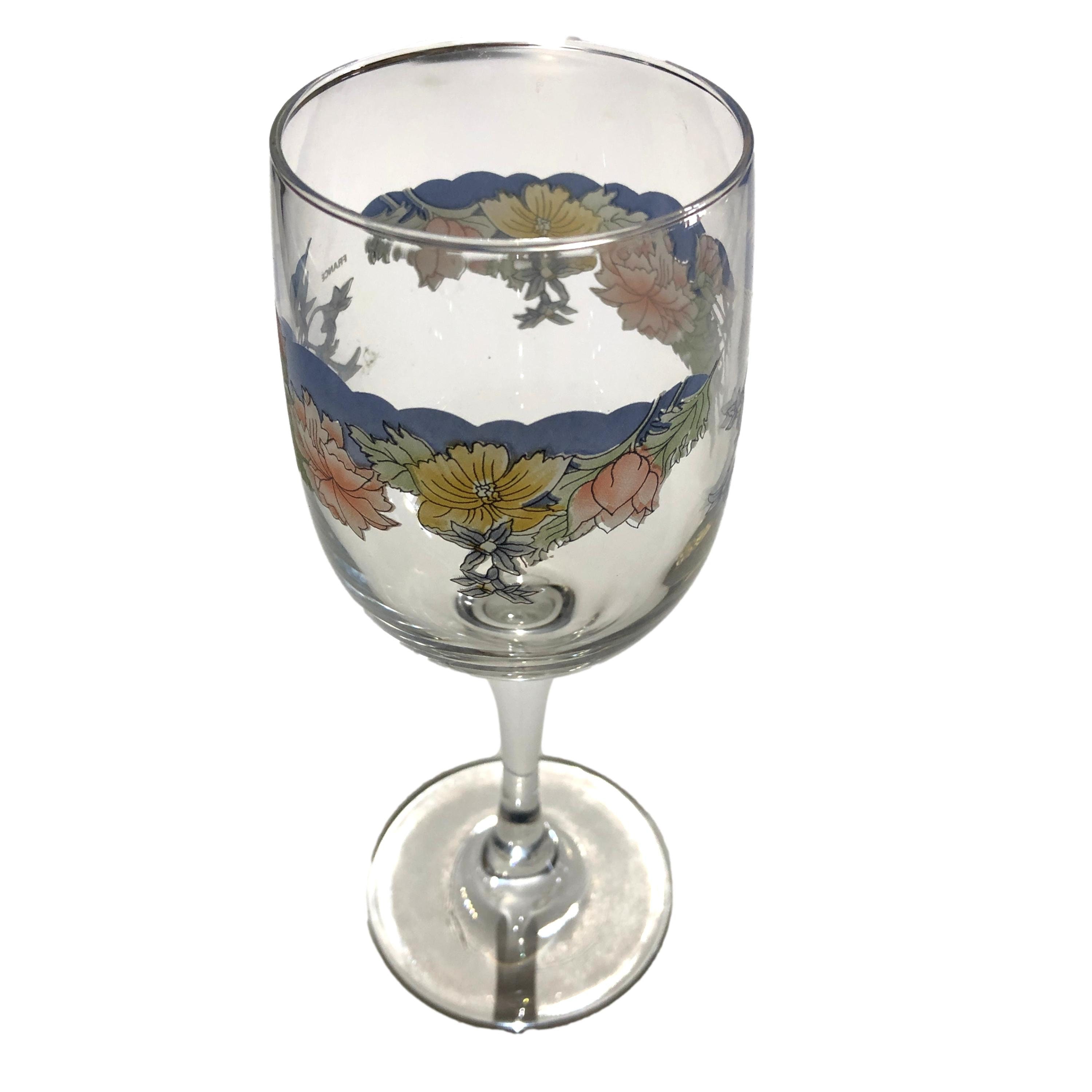 Arcopal Florine Wine Glasses, French Stemware Set of 4, Blue Floral Design
