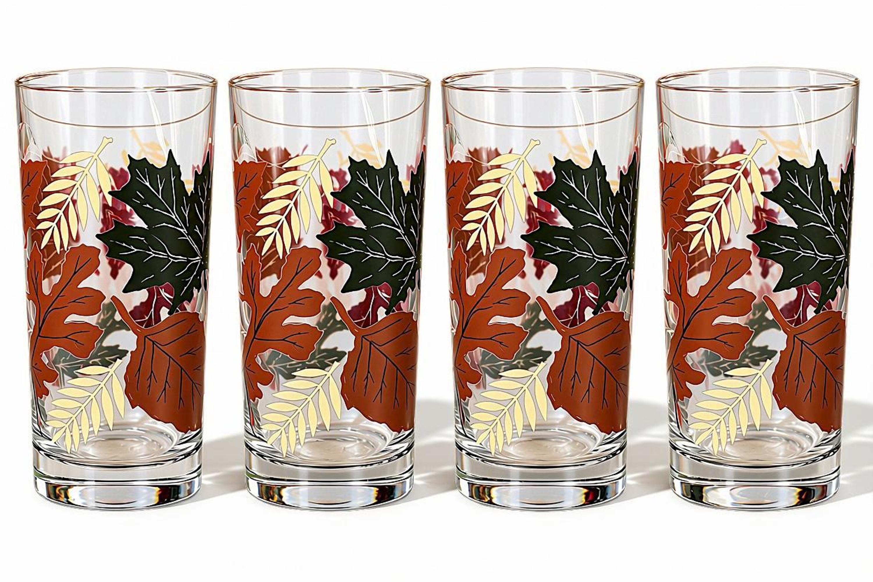 Autumn Leaf Highball Glasses, Set of 4 Vintage Tumblers, 1970s Foliage Print