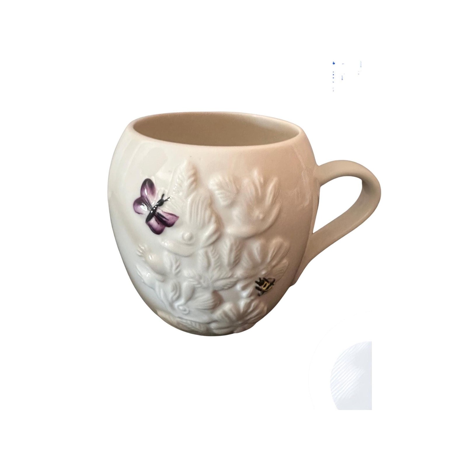 Belleek Irish Wild Rose Mug, Purple Butterfly Accent, Fine Parian China Made in Ireland