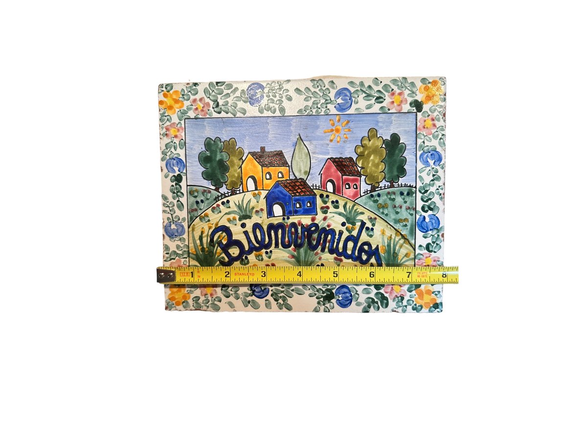BIEN VENIDOS Hand-Painted Floral Ceramic Wall Tile | Welcome Sign Art Vintage Spanish Decor
