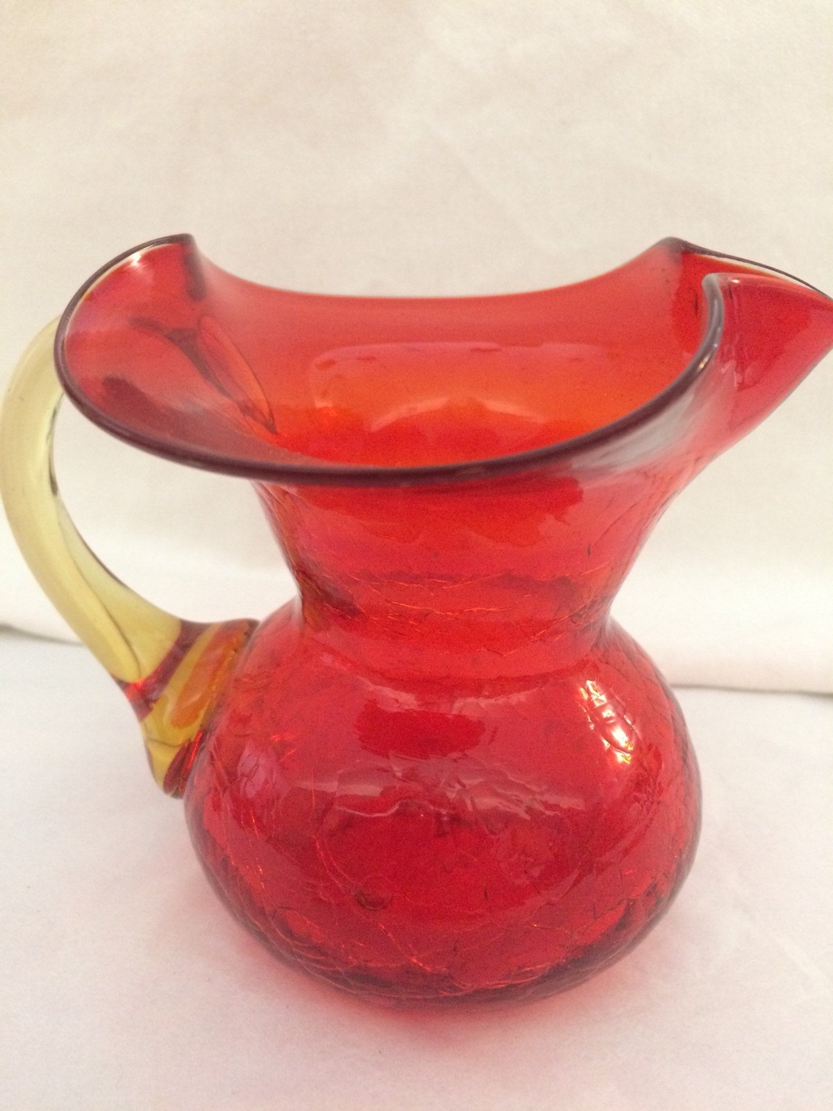 Blenko Crackle Jug Amberina, Hand Blown Glass Pitcher