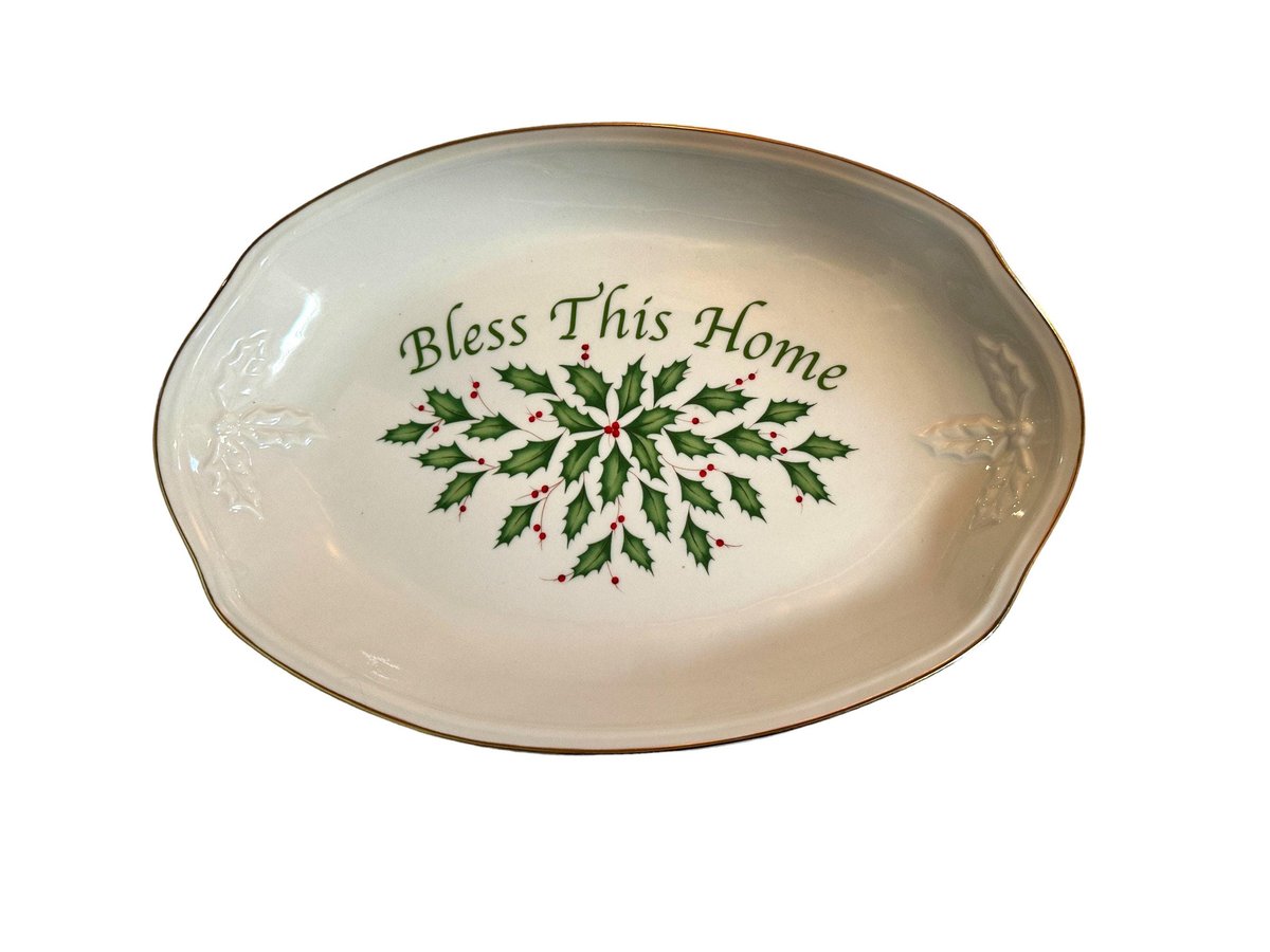 Bless This Home Holiday Bread Tray: Ivory China Christmas Decor