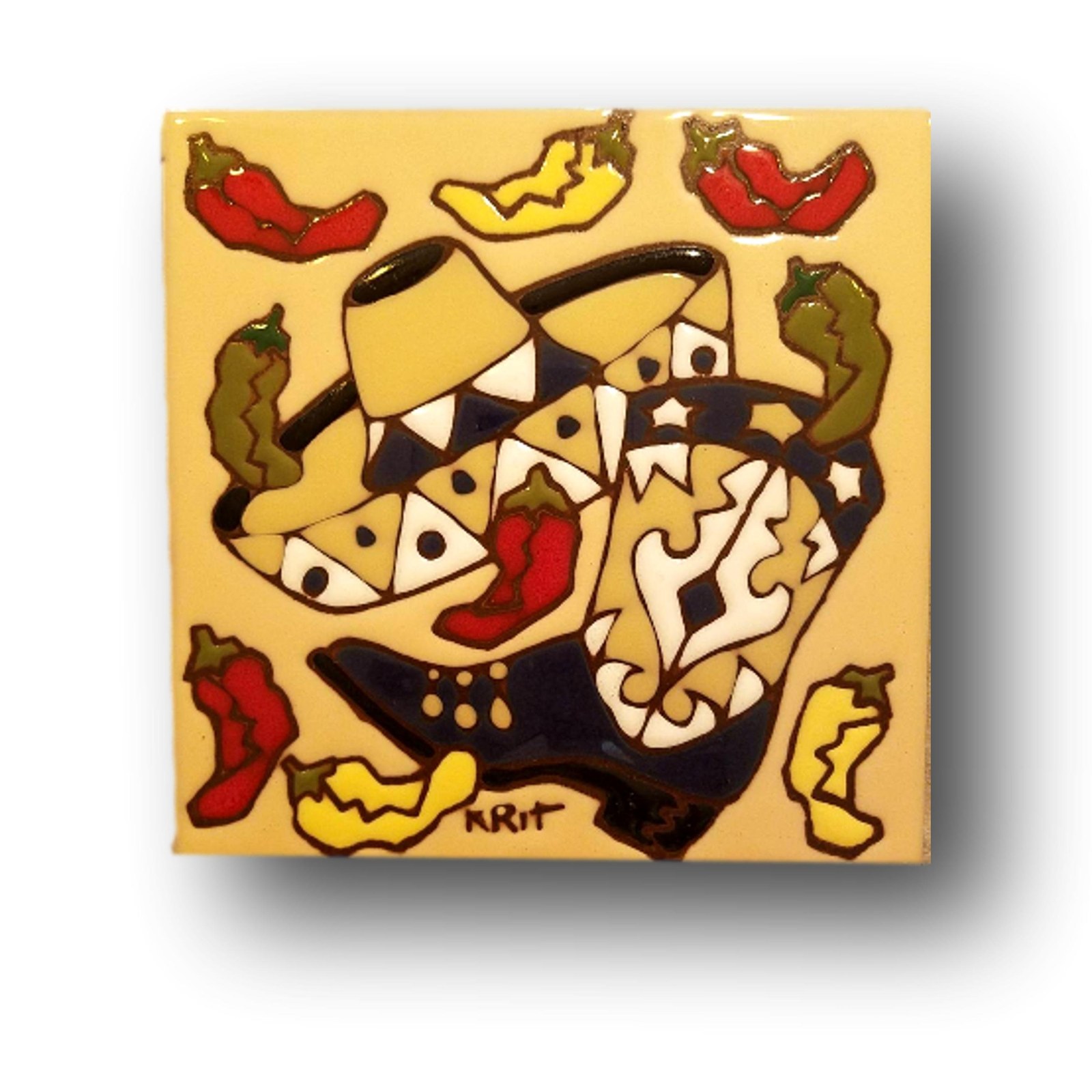 Ceramic Coaster 6x6 Earthtone Tile | Southwest Decor | Chili Peppers, Sombrero, Cowboy Boot Design