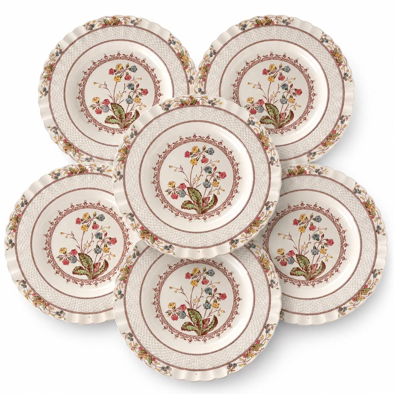 Copeland Spode Cowslip Dinner Plates, Vintage English Floral China, Blue Trim (Set of 6)