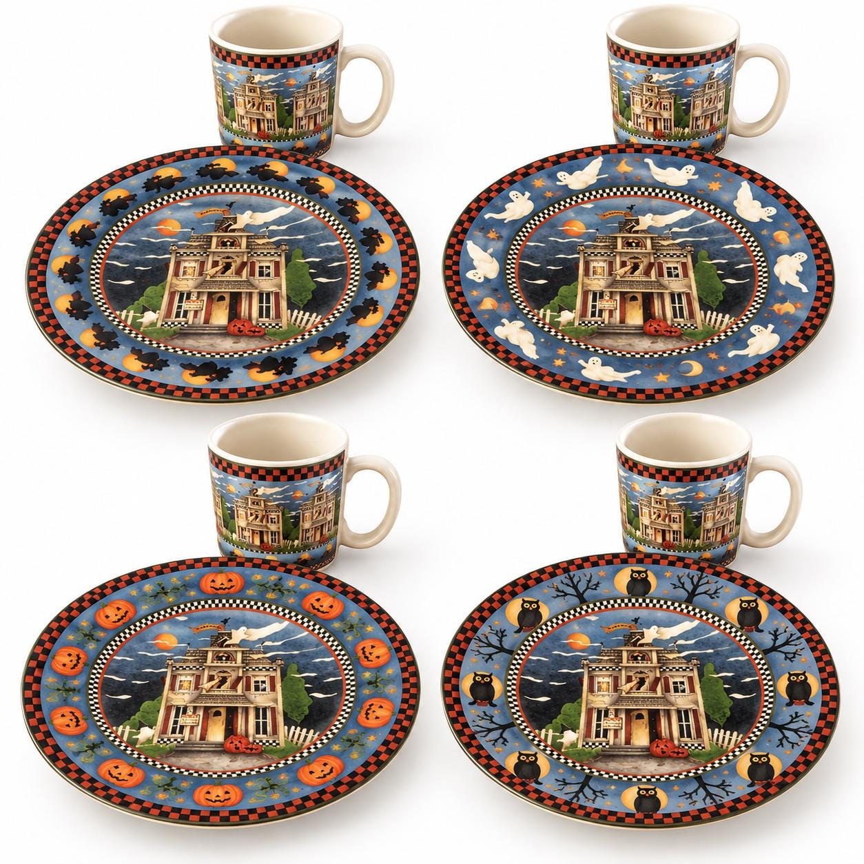 Debbie Mumm Sakura Haunted House Halloween Mug and Plate Set of 4, Vintage Stoneware, 8 Pieces