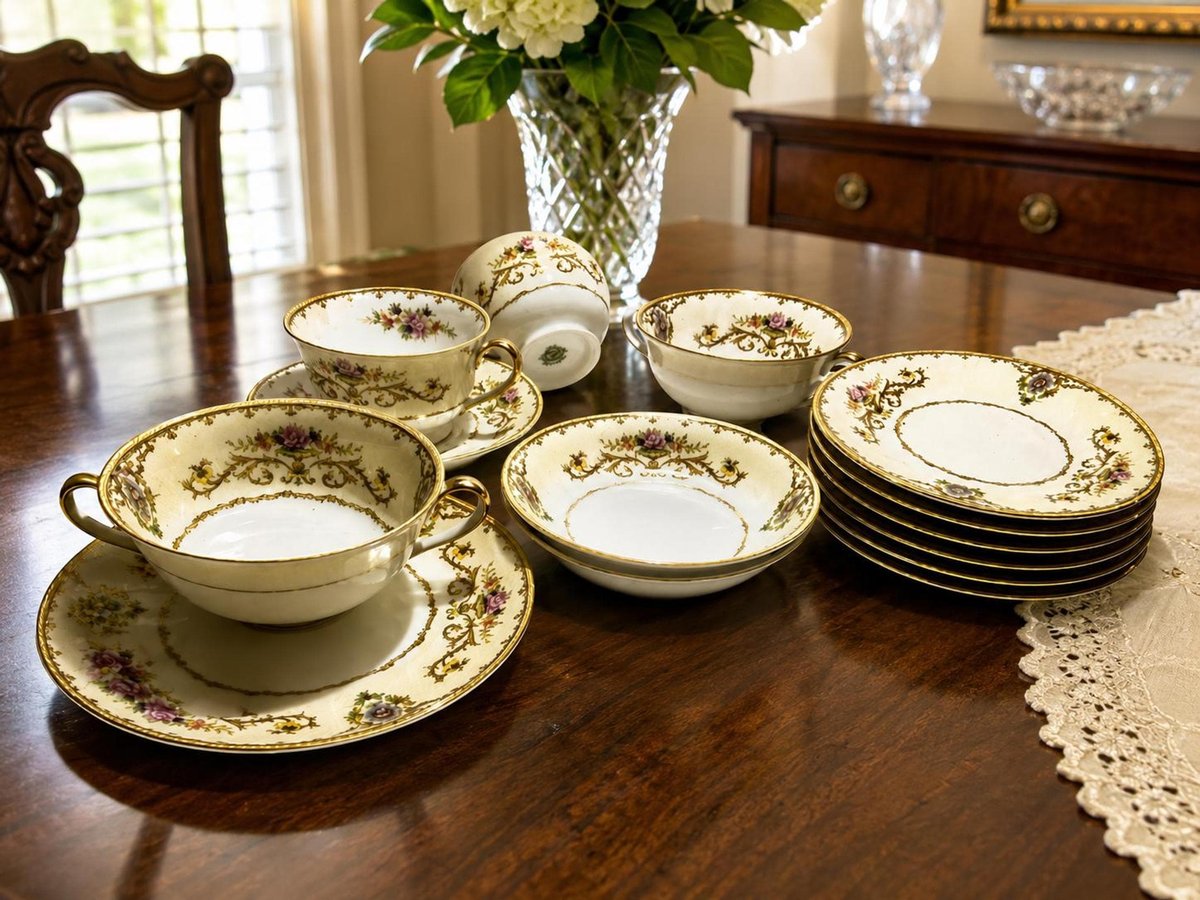 Dinnerware Set, Noritake Collector China, Gilded Rim, 15 Piece