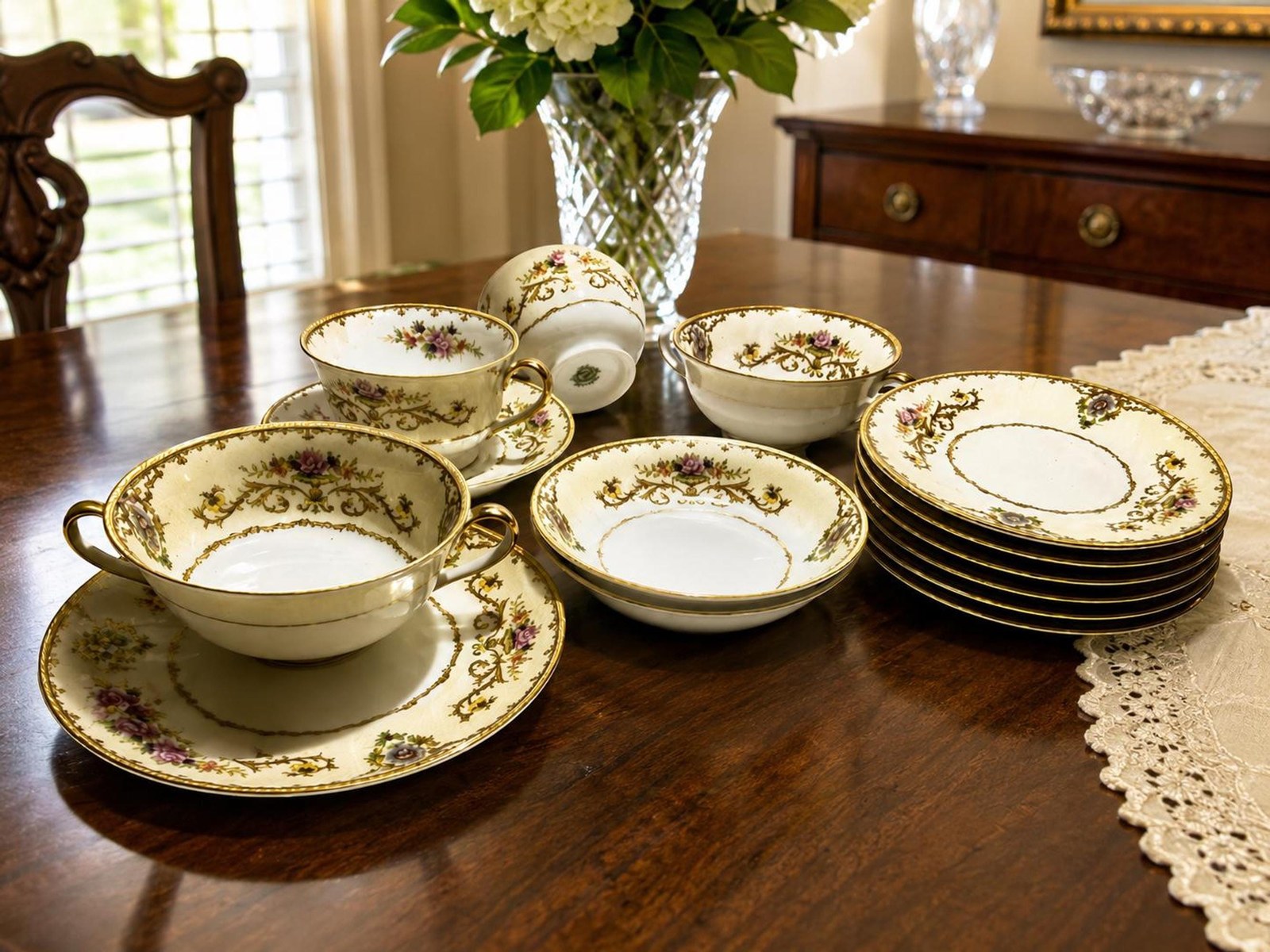 Dinnerware Set, Noritake Collector China, Gilded Rim, 15 Piece