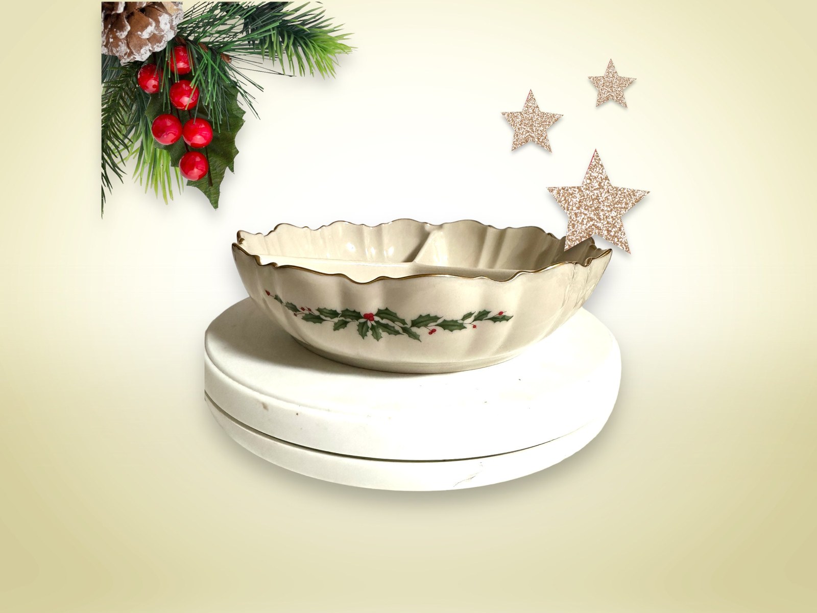 Divided Serving Bowl Lenox China, Holly Berry, 24k Gold Rim, Christmas Tableware