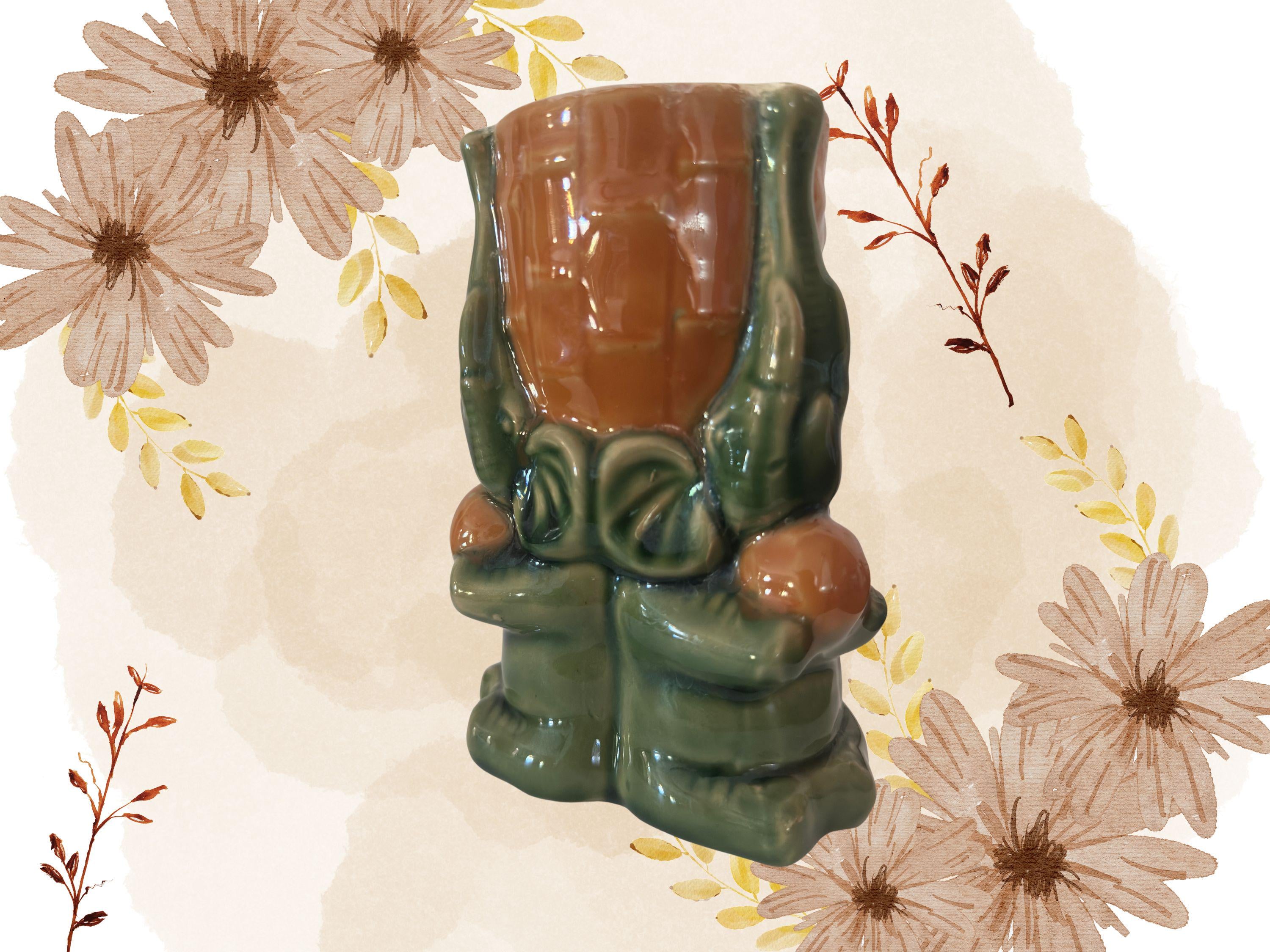Elephant Vase, Good Luck Planter with Three Raised Trunks, Vintage Bamboo Style Pottery