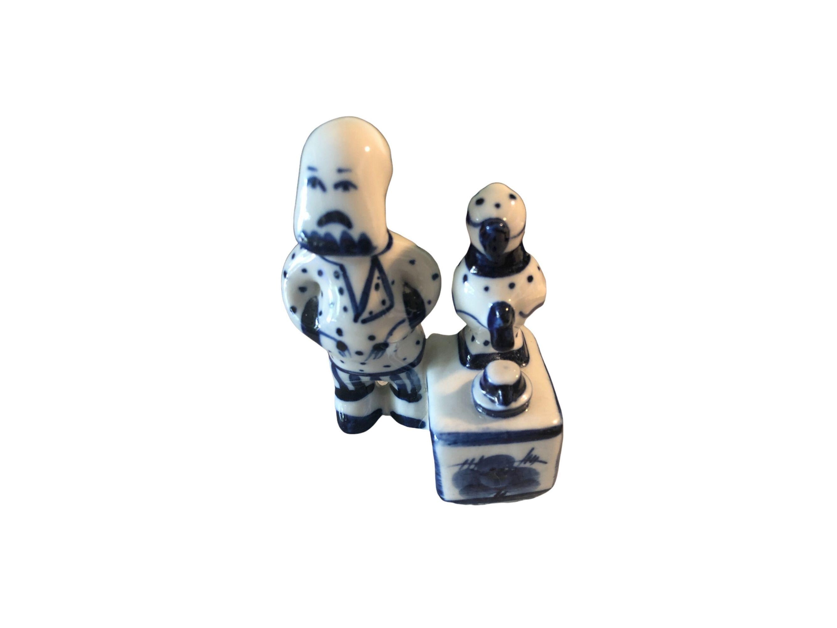 Gzhel Blue and White Porcelain Statue, Coffee Vendor Figurine: Vintage USSR