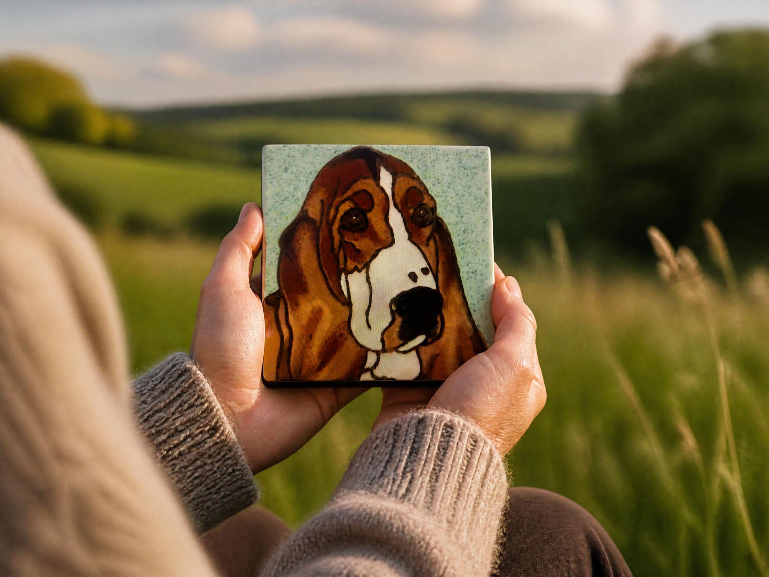 Basset Hound Ceramic Tile, Vintage Hand-Painted Artwork, 6x6 Wall Decor