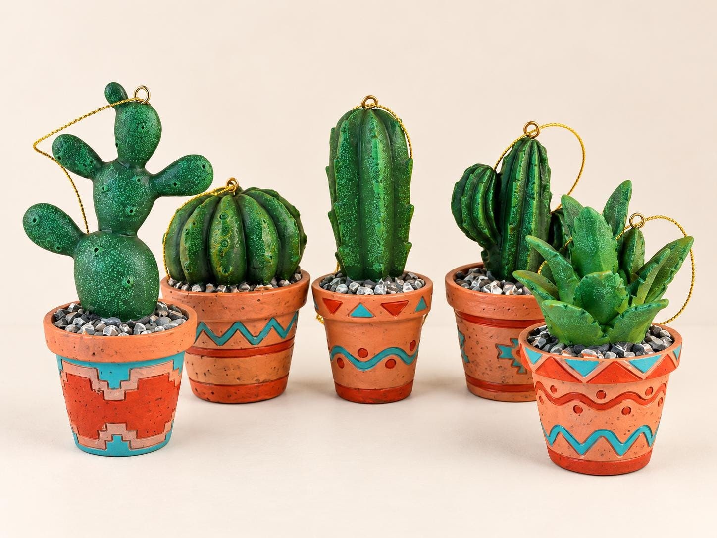 Cactus Christmas Ornaments Set of 5, Southwestern Pottery Desert Christmas Tree Vintage Southwest Decor