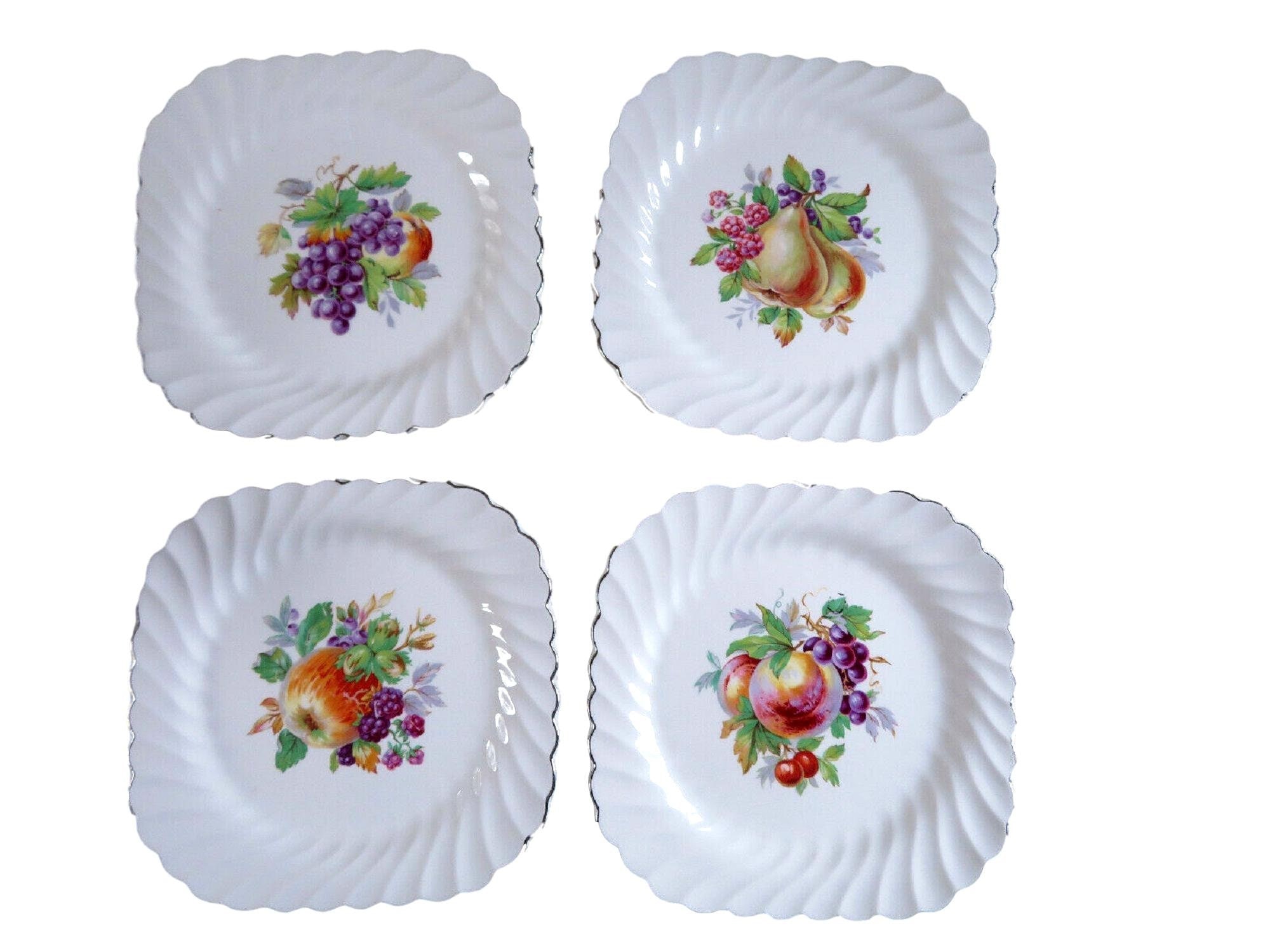 Johnson Brothers Snow White Salad Plates, Fruit Designs, Platinum Rim (Set of 4)
