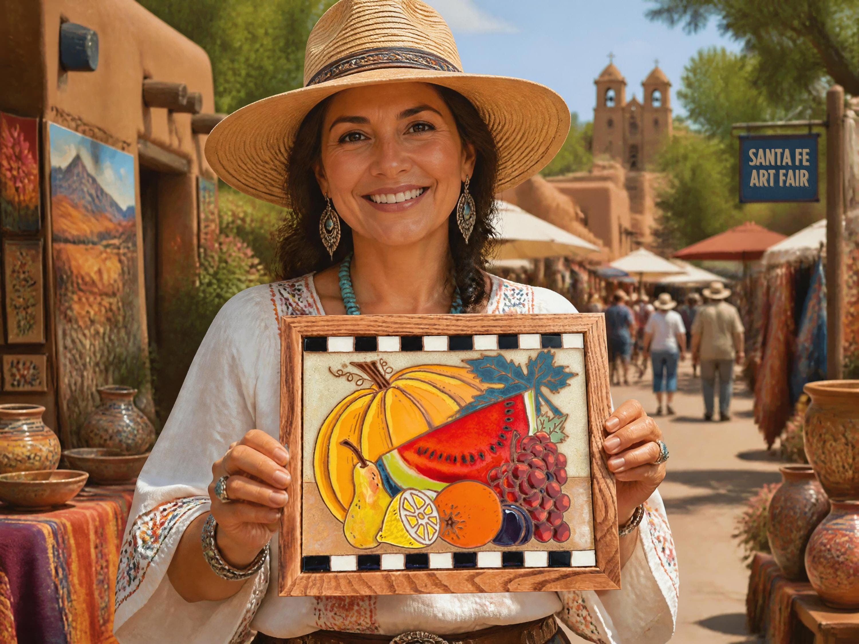 Framed Ceramic Fruit Wall Art, Deborah Duran Geiger Still Life, Santa Fe Cuerda Seca