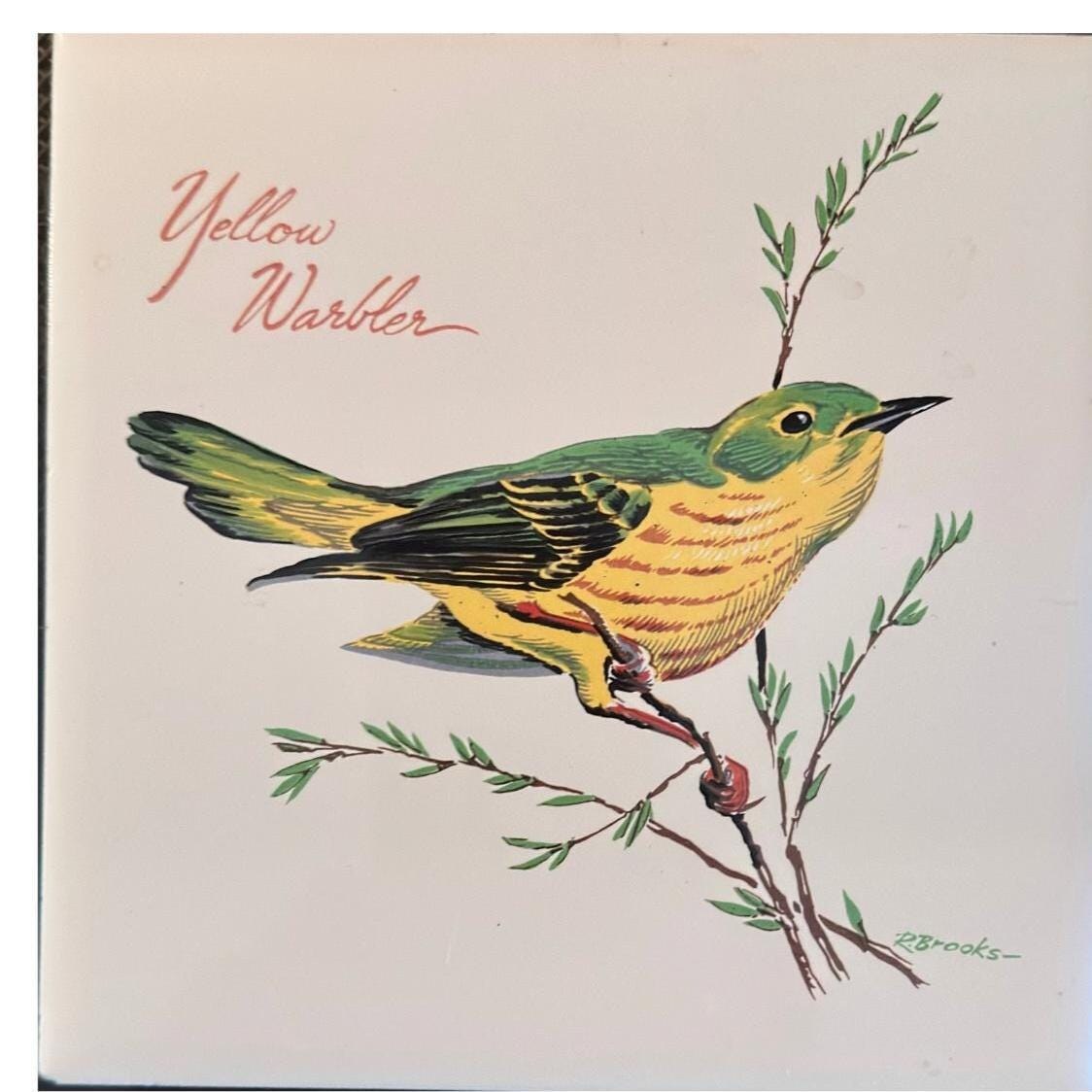 Vintage Bird Art Tile, ScreenCraft Yellow Warbler, Robert Brooks 1970s Cape Cod Series
