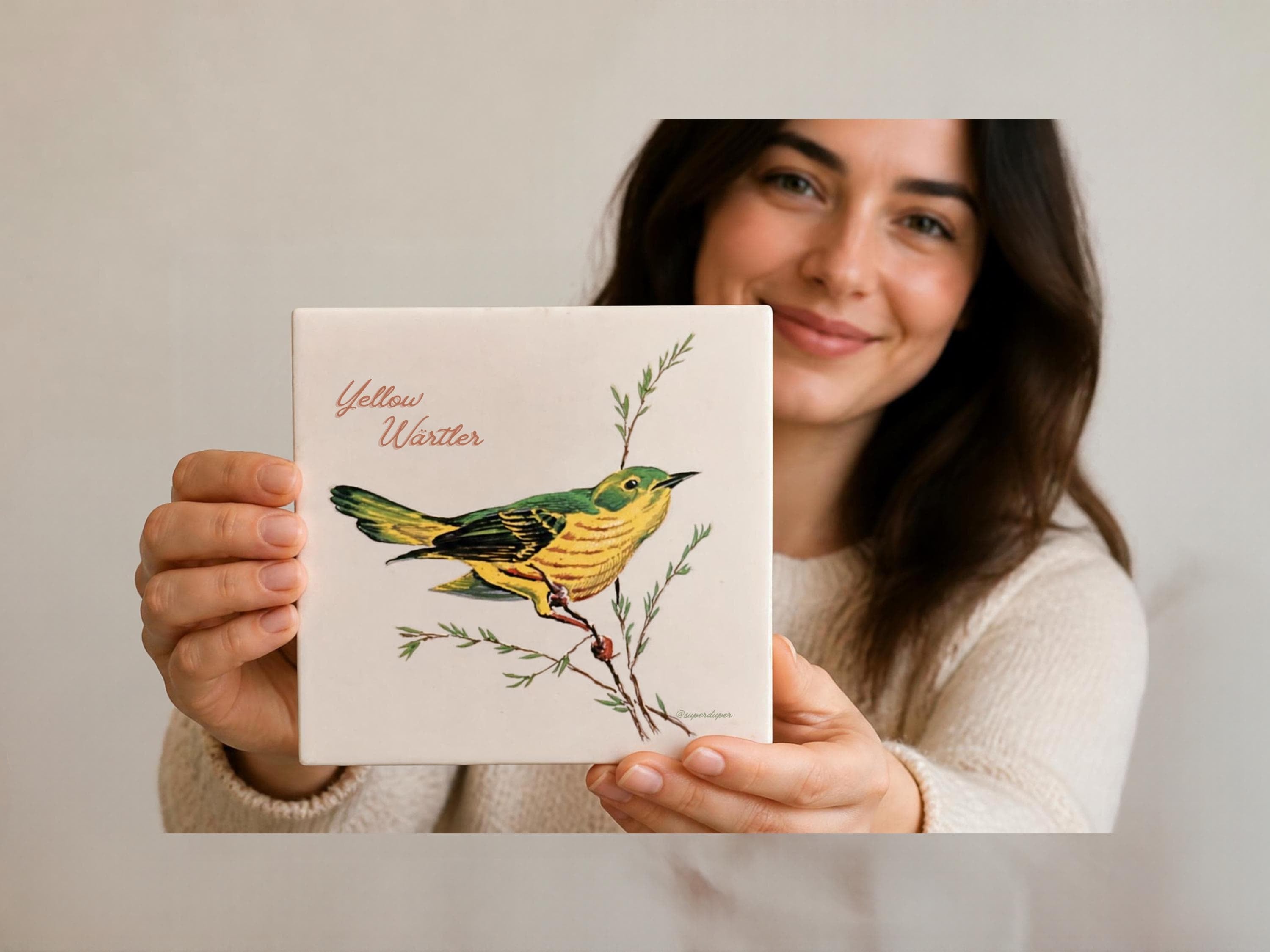 Vintage Bird Art Tile, ScreenCraft Yellow Warbler, Robert Brooks 1970s Cape Cod Series
