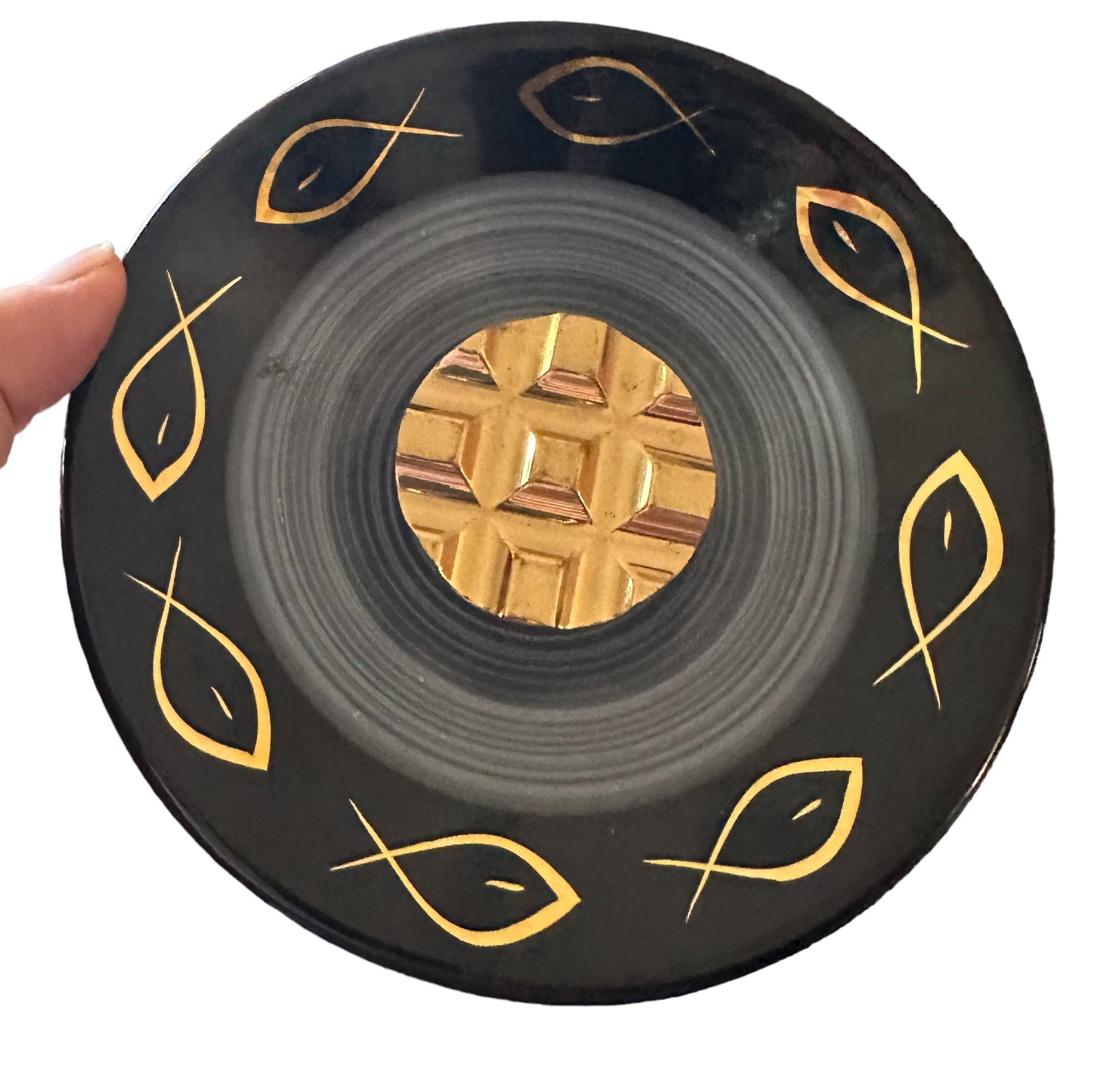 Evans Ceramic Ashtray Black Gold, Midcentury, Round Man Cave Accessory