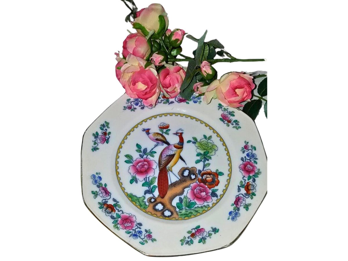 F Winkle Whieldon Ware Old Chelsea Cake Plate – Hand-Painted Peacock Bird Floral Porcelain