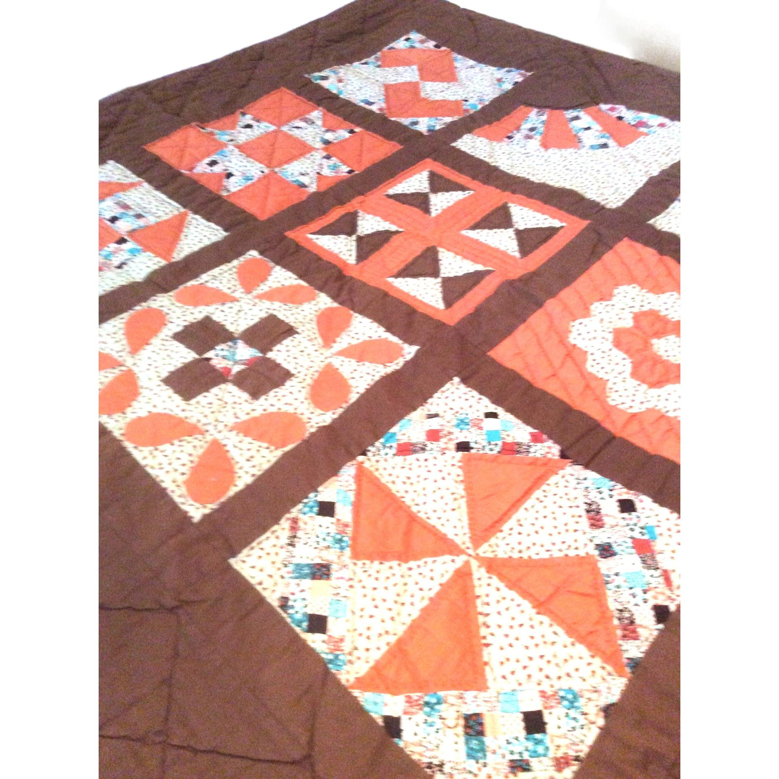 Fall Lap Quilt Throw, Vintage Hand Sewn, 1980s Sampler