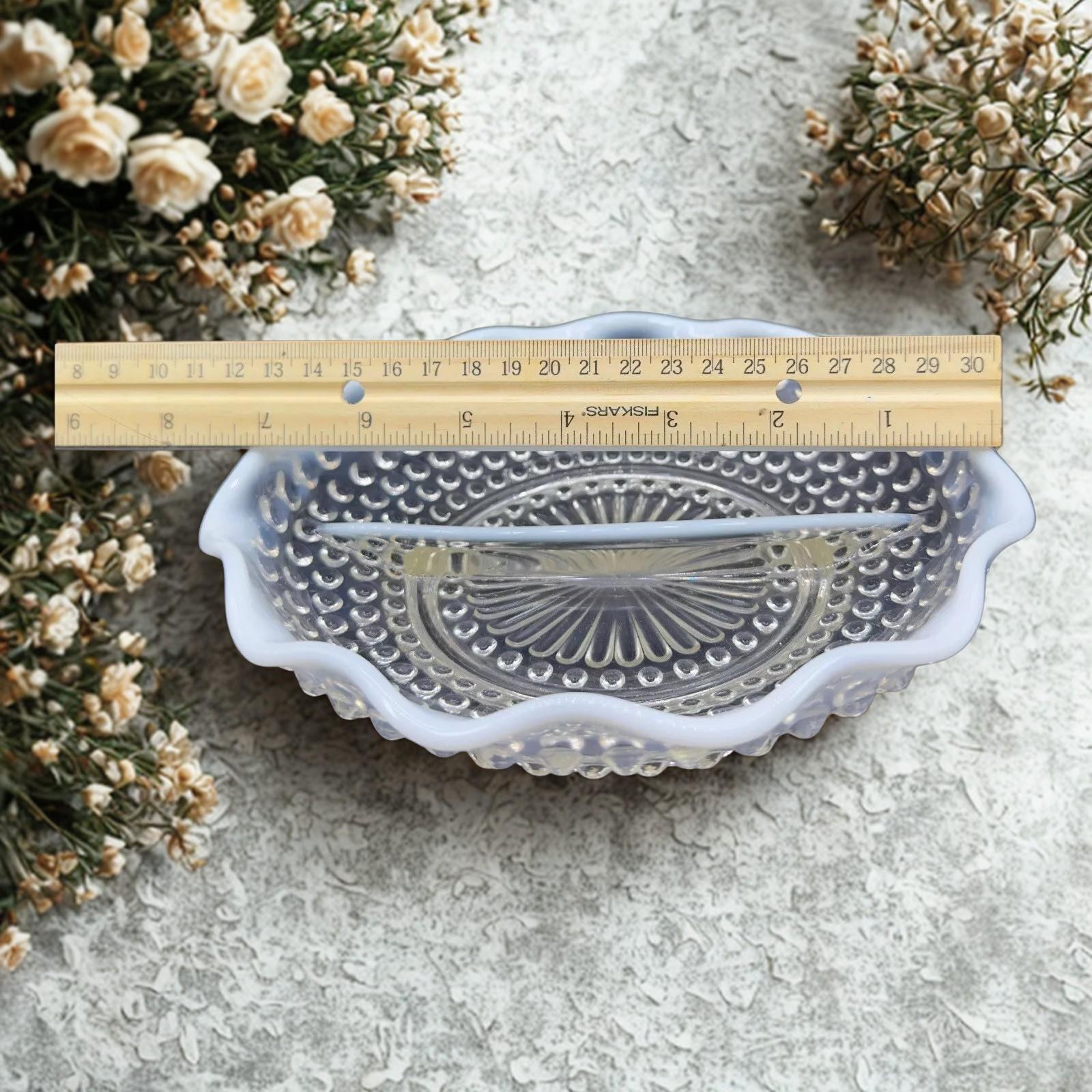 Fenton Candy Dish White Moonstone Glass, Divided Hobnail Collectible