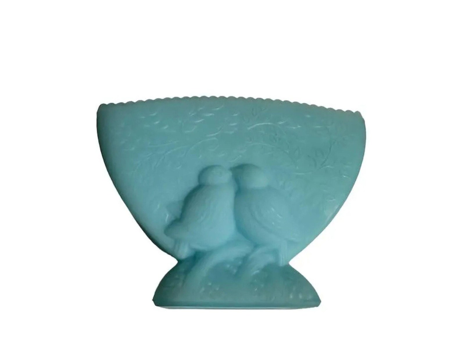 Fenton Fan Vase Blue Satin Glass with Embossed Love Birds | 1970s Collectible Decor