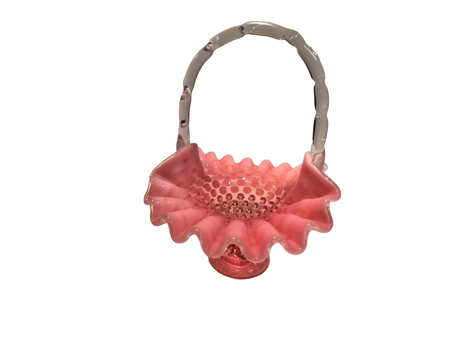 Fenton GLASS Vintage Cranberry Opalescent Hobnail Glass Basket, Ruffled Rim, Twisted Handle