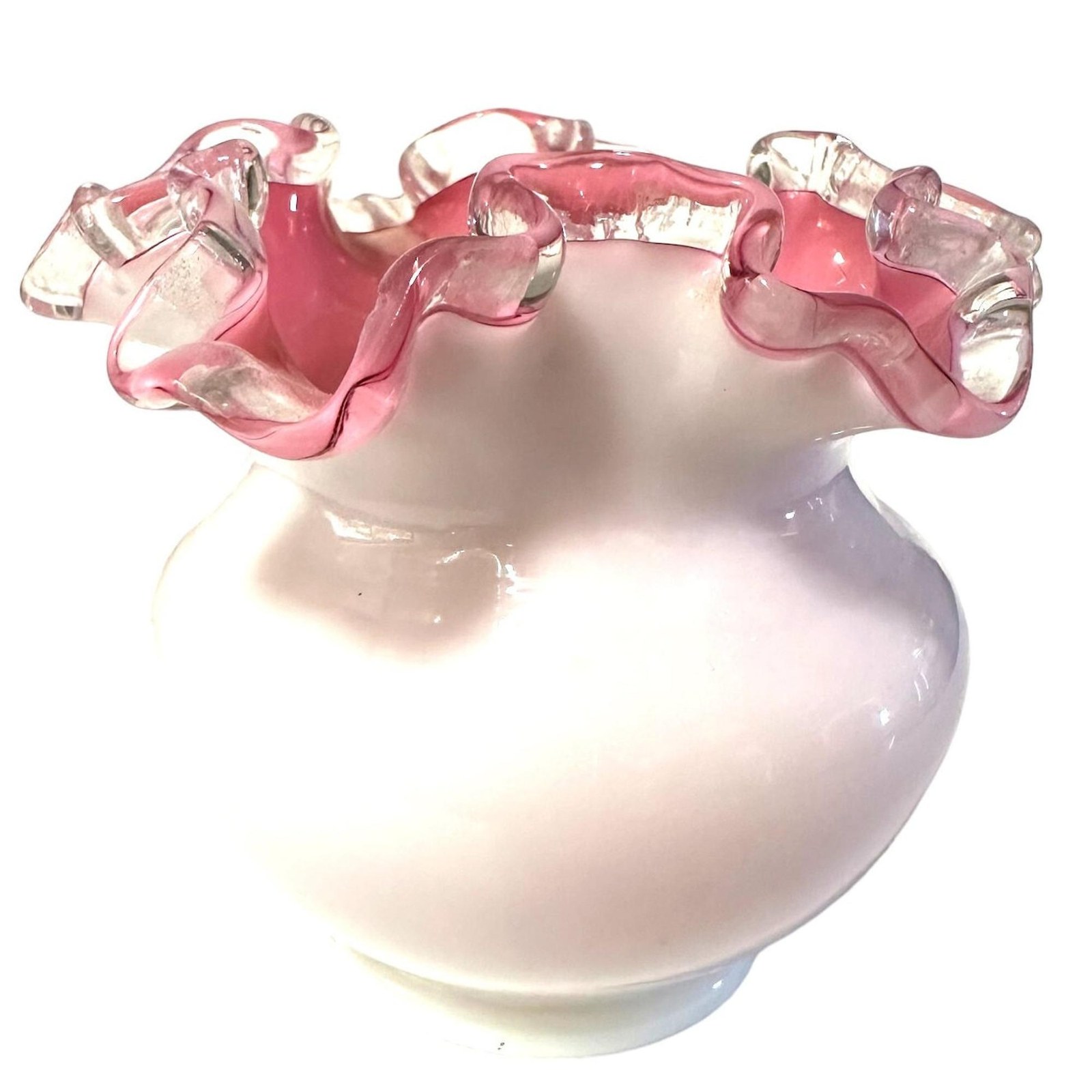 Fenton Pink Glass Vase, opalescent glass, ruffled edges, small white accent