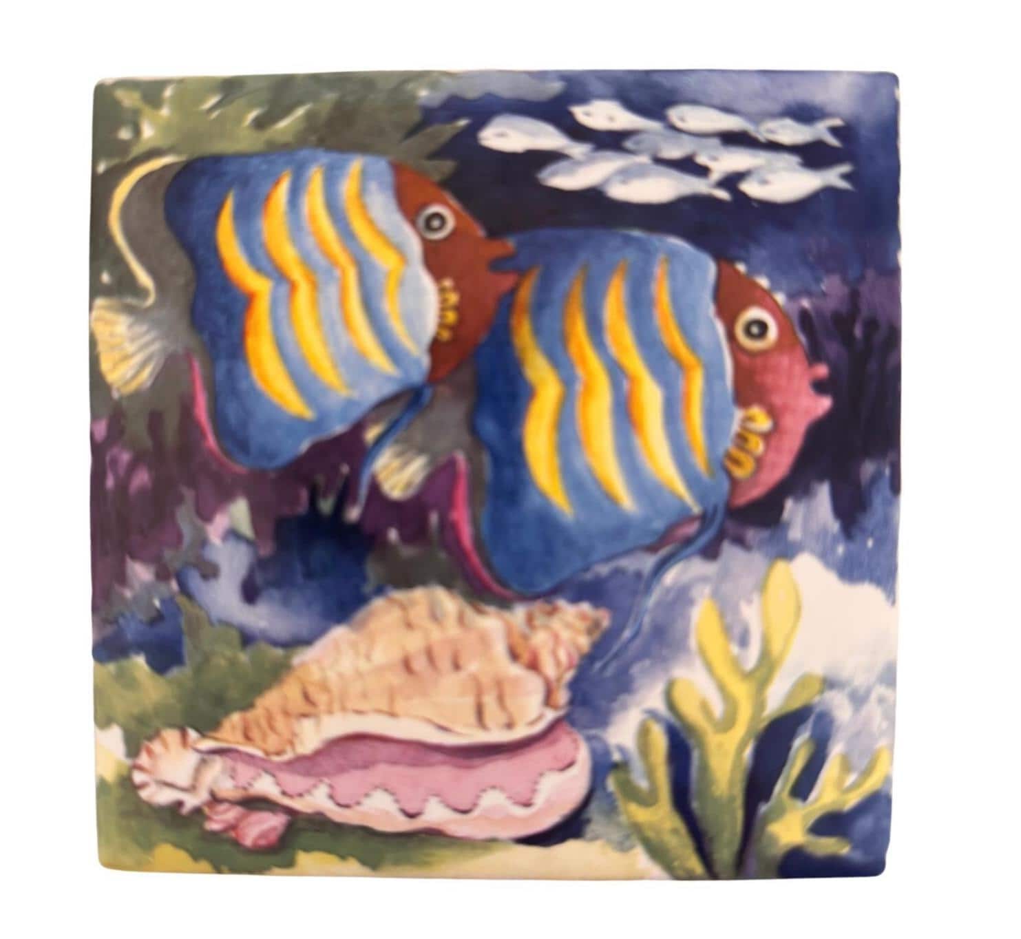 Fish Tile, Vintage Jeffrey Court Glazed Ceramic, Fish n' Conch Design
