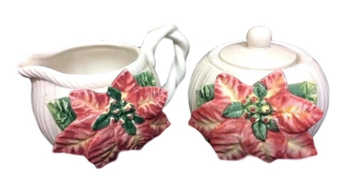 Fitz Floyd Sugar and Creamer Set, Poinsettia Christmas Decor