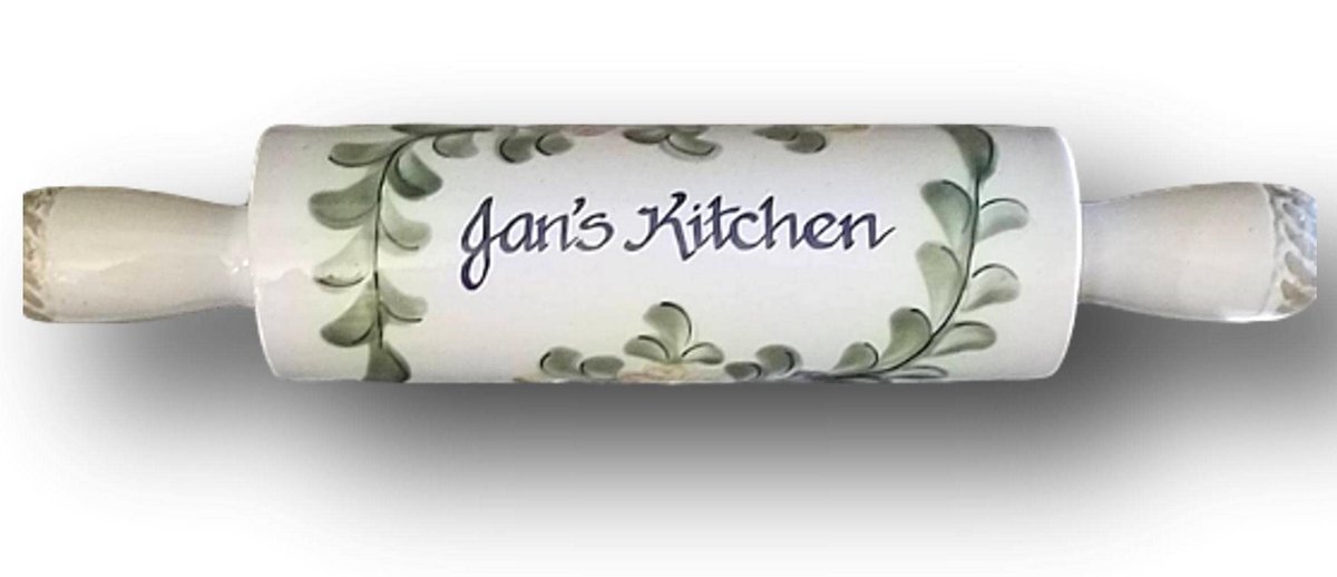 Floral Rolling Pin, Blue Stoneware, Country Flower, Kitchen Decor
