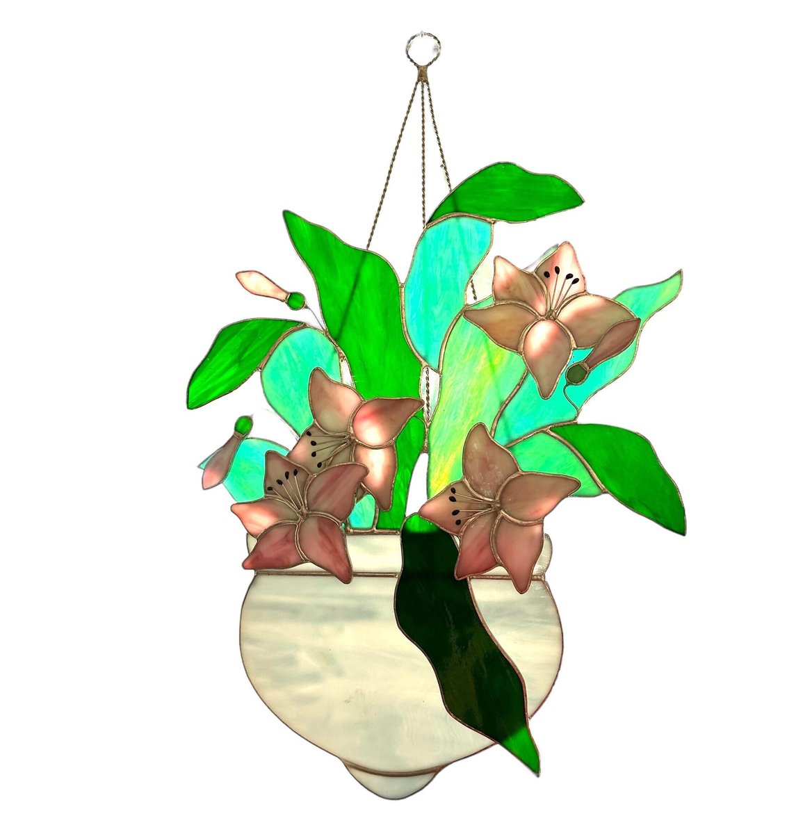 Floral Stained Glass Sun Catcher, Pink Lily Window Hanging Art