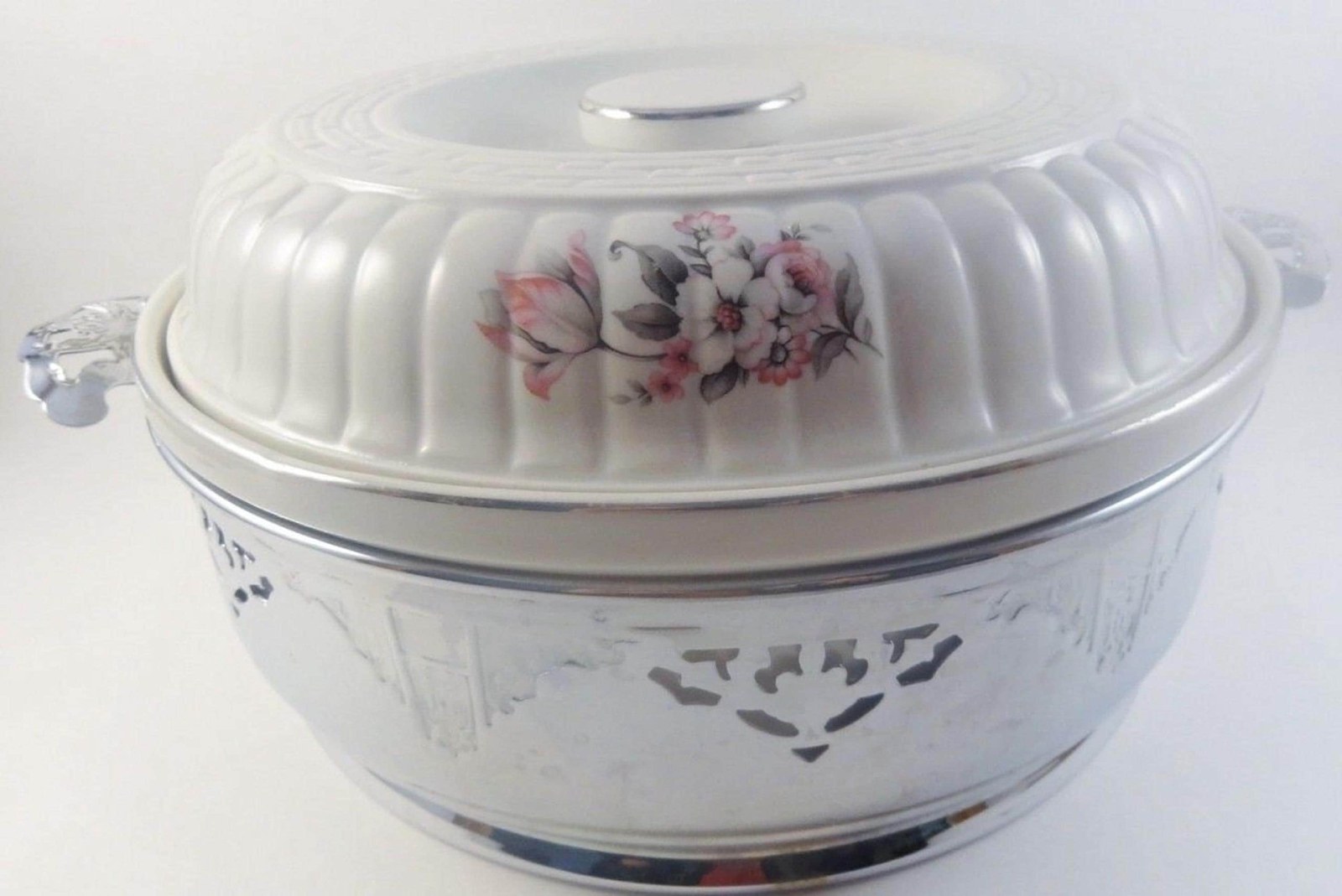 Hall China Floral Casserole Dish with Chrome Holder - Forman Family Stoneware Bakeware