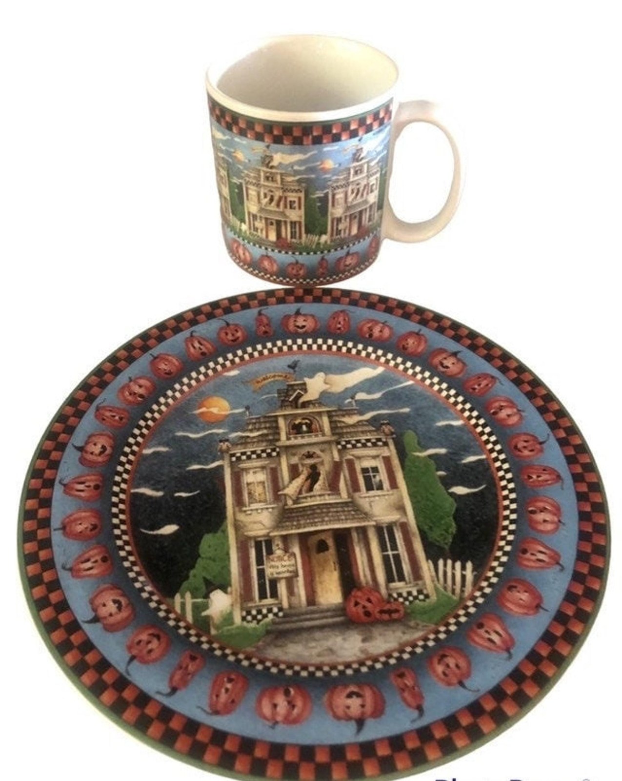 Halloween Haunted House Mug And Plate Set, Debbie Mumm Sakura Stoneware