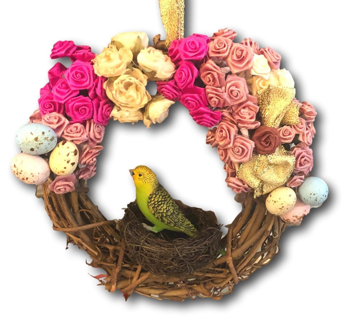 Handmade Mini Floral Wreath: Cottage Core Silk Rose & Bird Decor