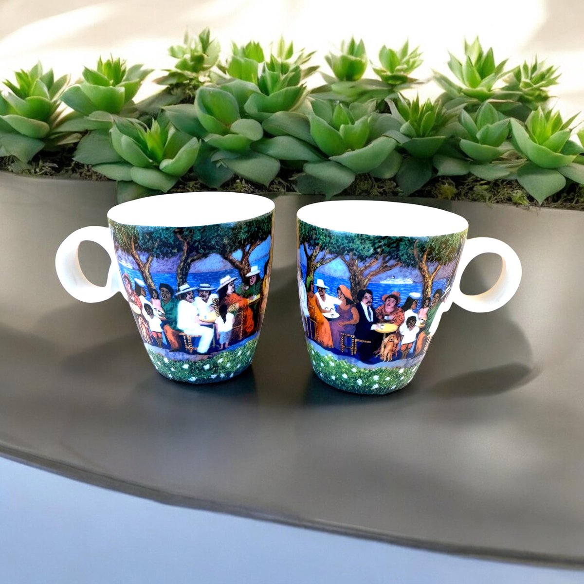 Hutschenreuther Luxury Espresso Cups Set of 2: Germany Hotel Cafe River Scene Porcelain