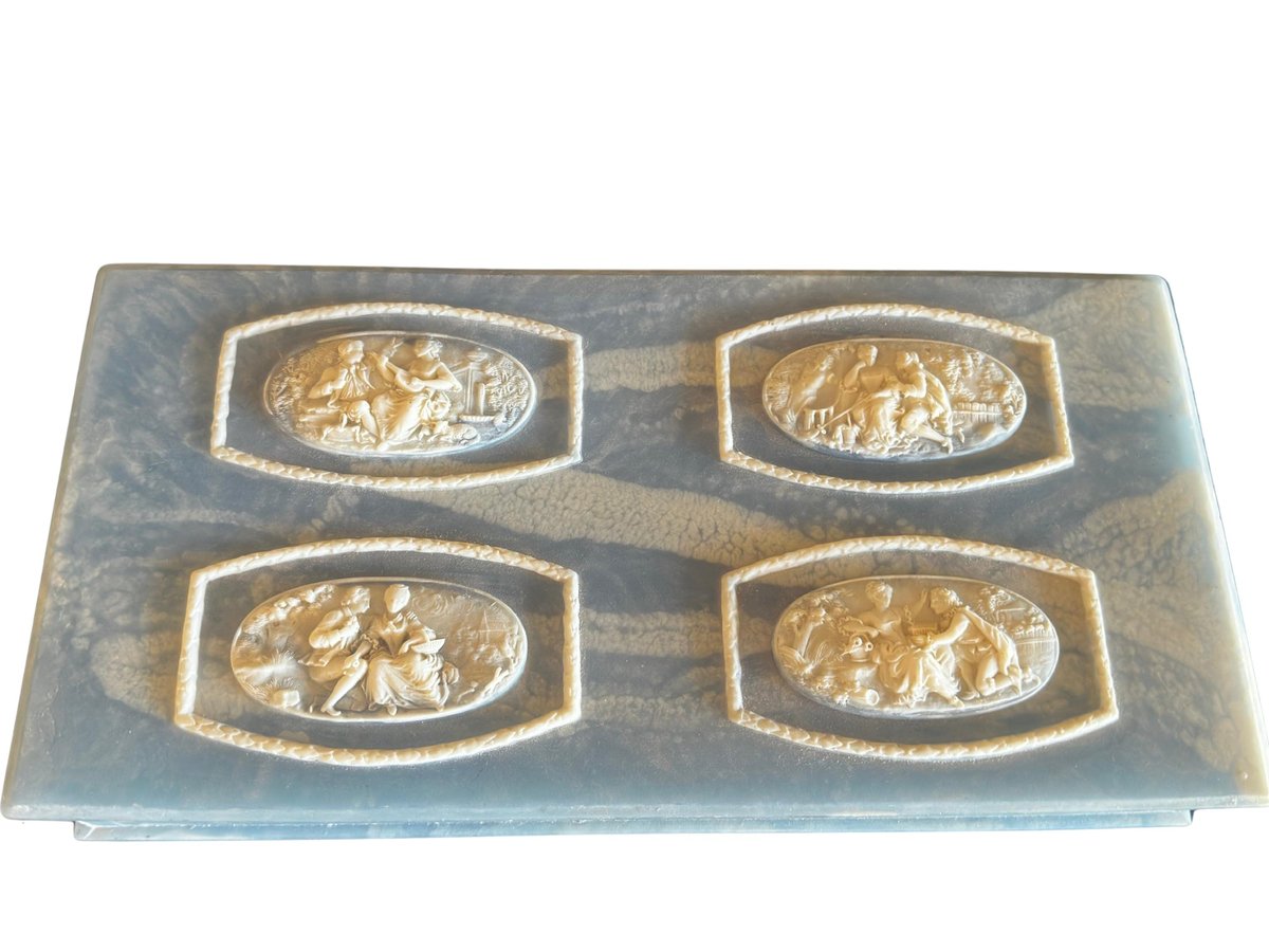 Incolay Blue Swirled Box with Cameo Carvings Plus An Art de France Jewelry Set