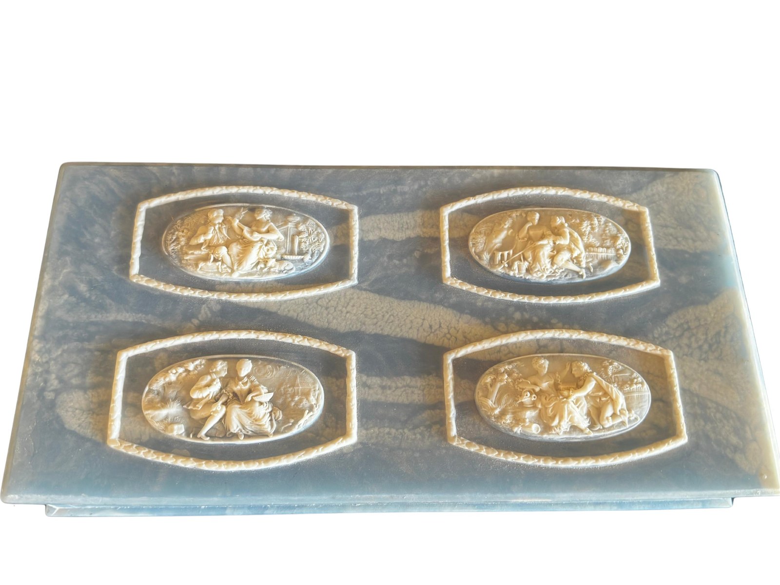 Incolay Blue Swirled Box with Cameo Carvings Plus An Art de France Jewelry Set