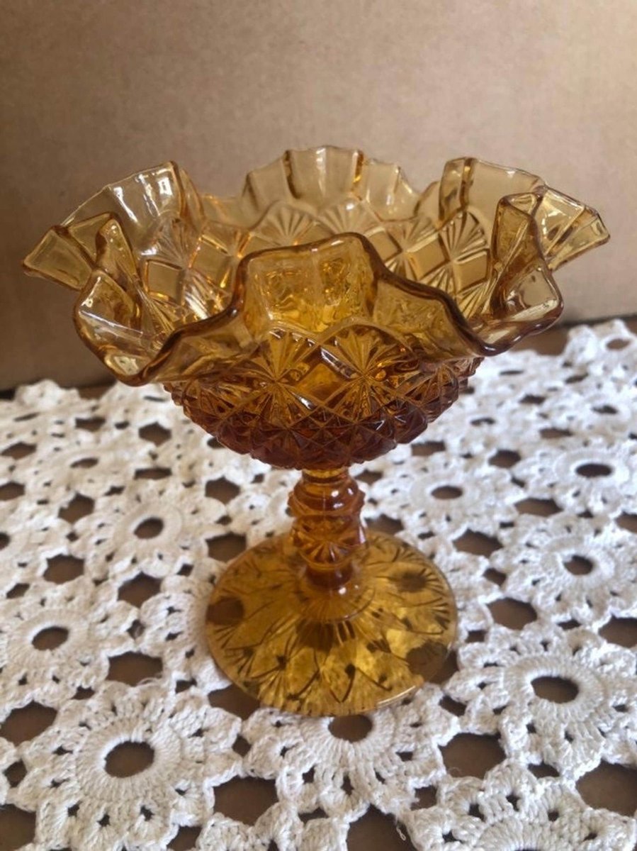Indiana Glass Amber Glass Candy Dish: Old Virginia Footed Depression Compote