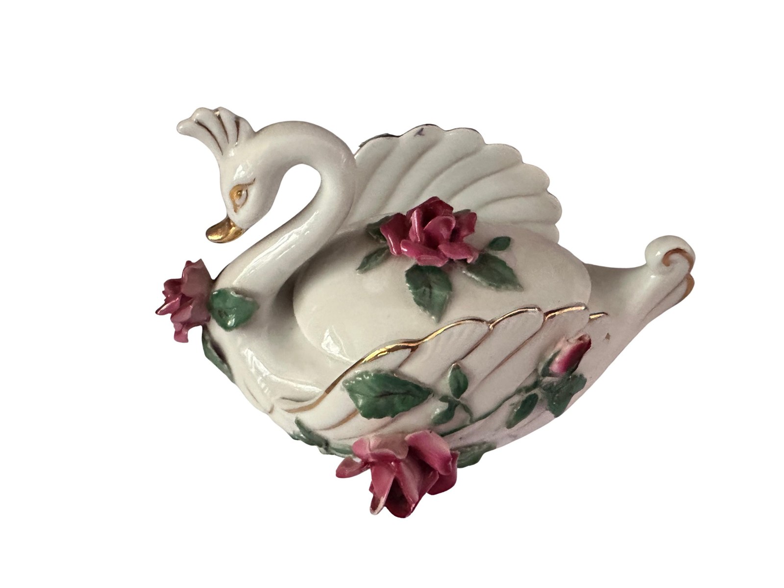 Lefton White Swan Decorative Floral Porcelain Dresser Dish