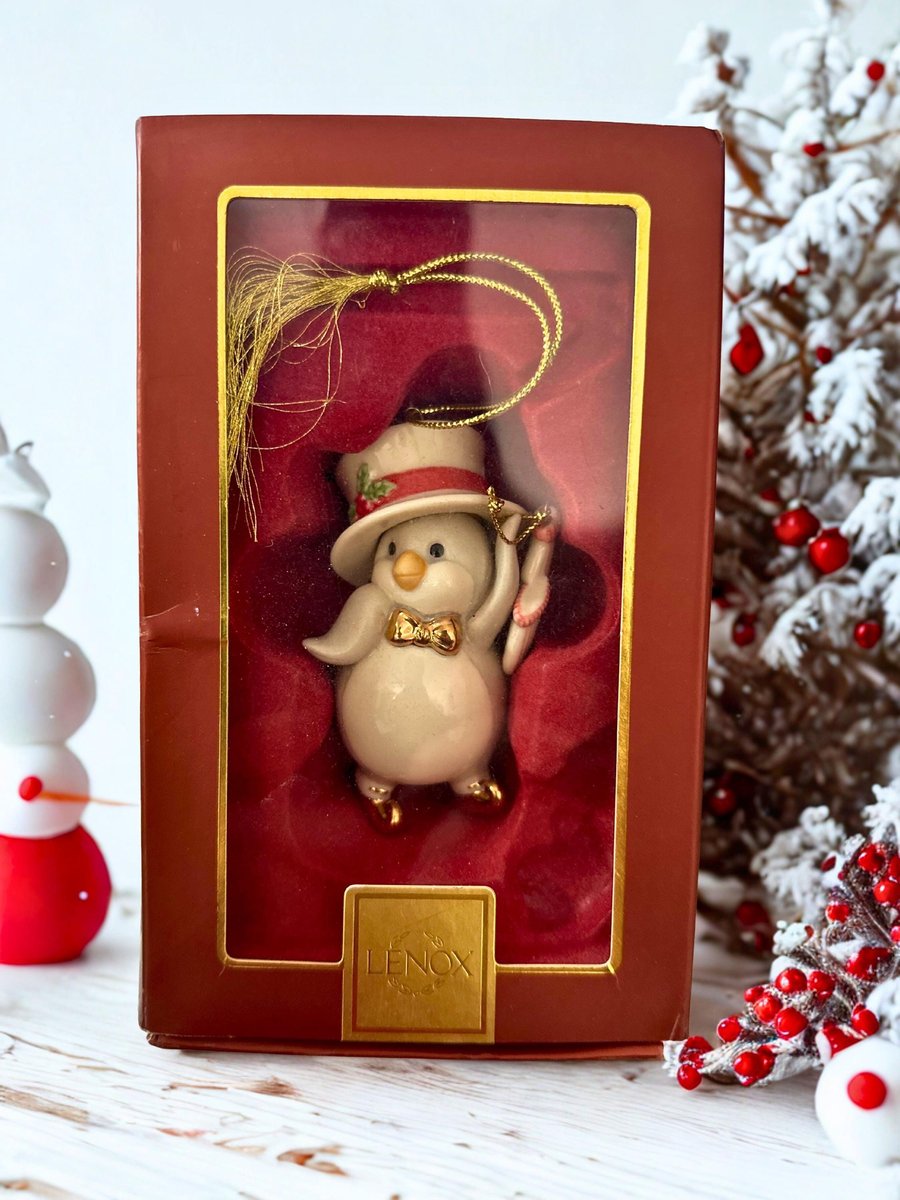 Lenox Posh Penguin Ornament, Ivory Christmas Decor, Gold Accents, Boxed