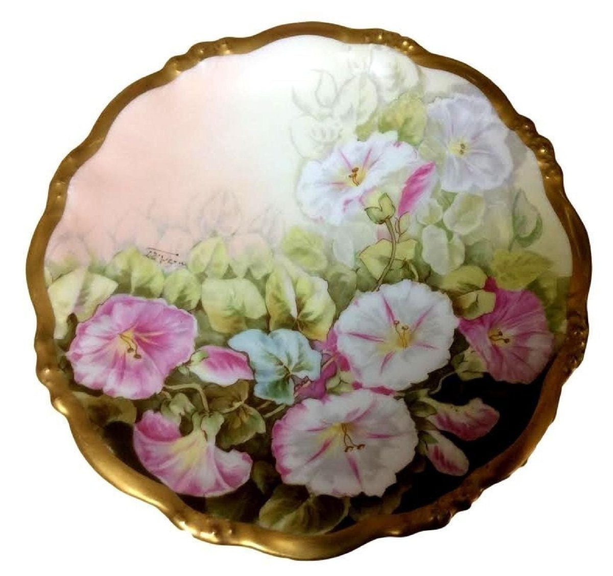 Limoges China Plate, Morning Glories, Heavy Gold Gilt, Antique Signed