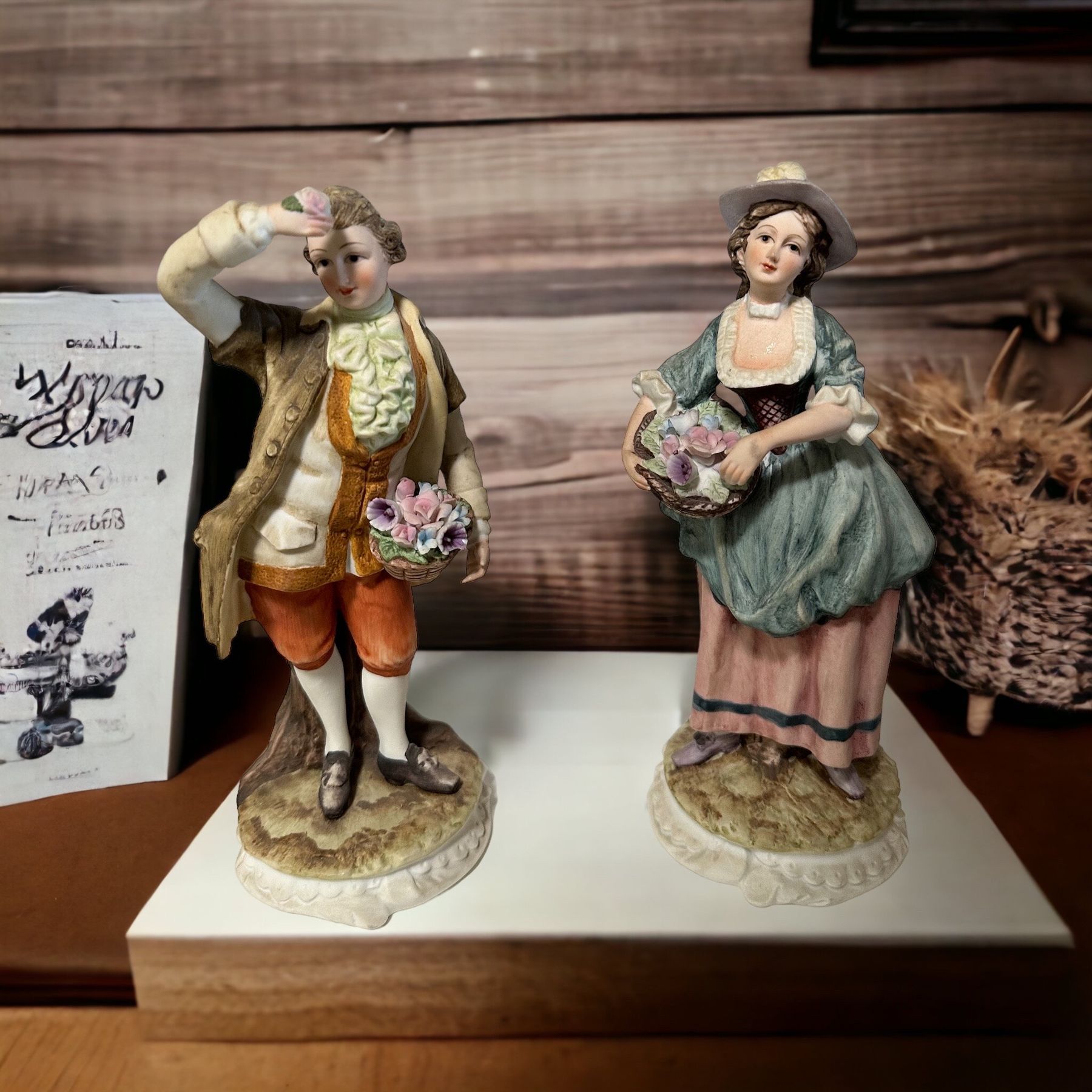 Andrea by Sadek Colonial Man and Woman Bisque Porcelain Statues | Vintage Figurines