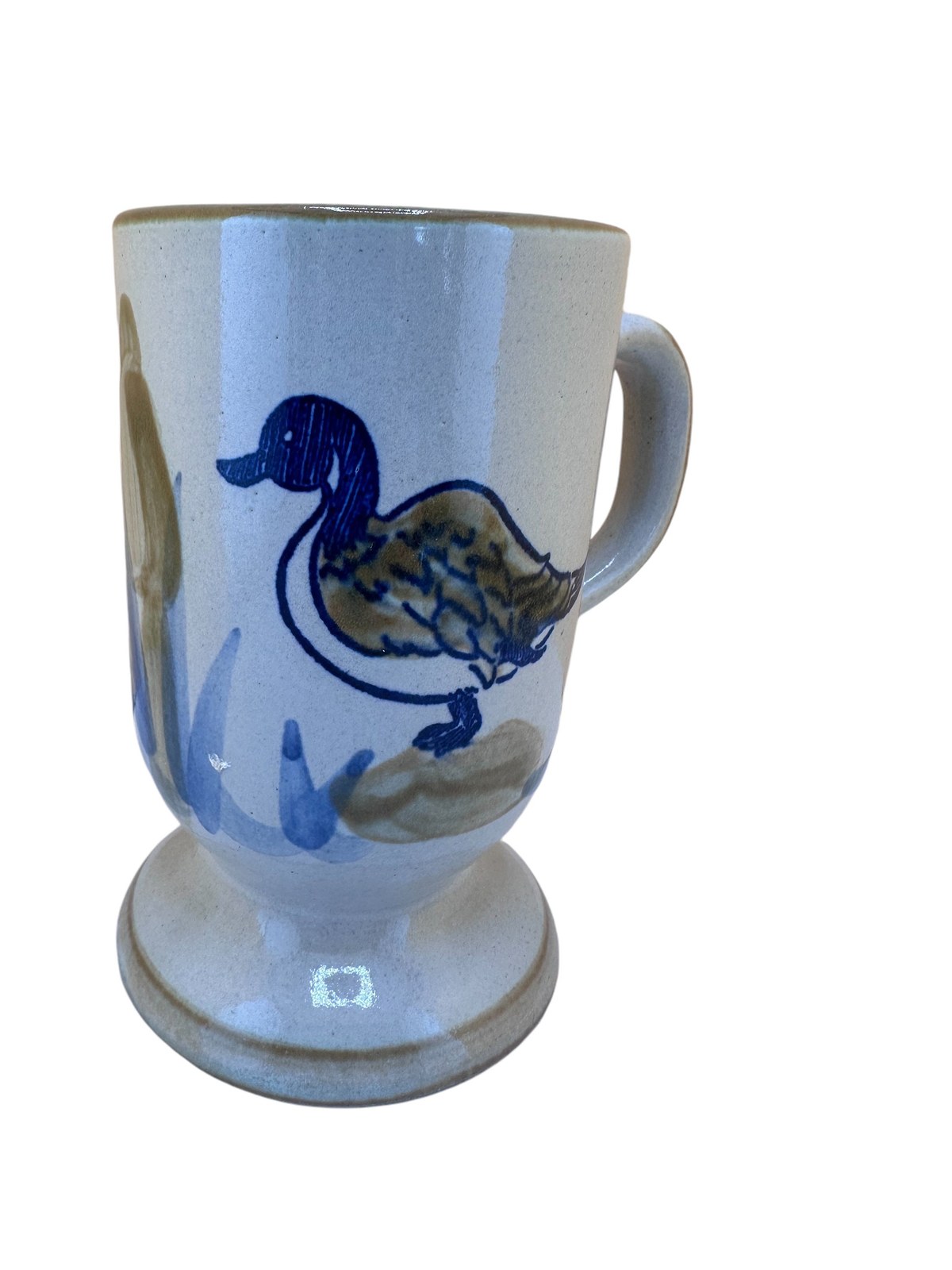 Louisville Stoneware Mug, Blue Beige Pedestal Cup, Hand Painted