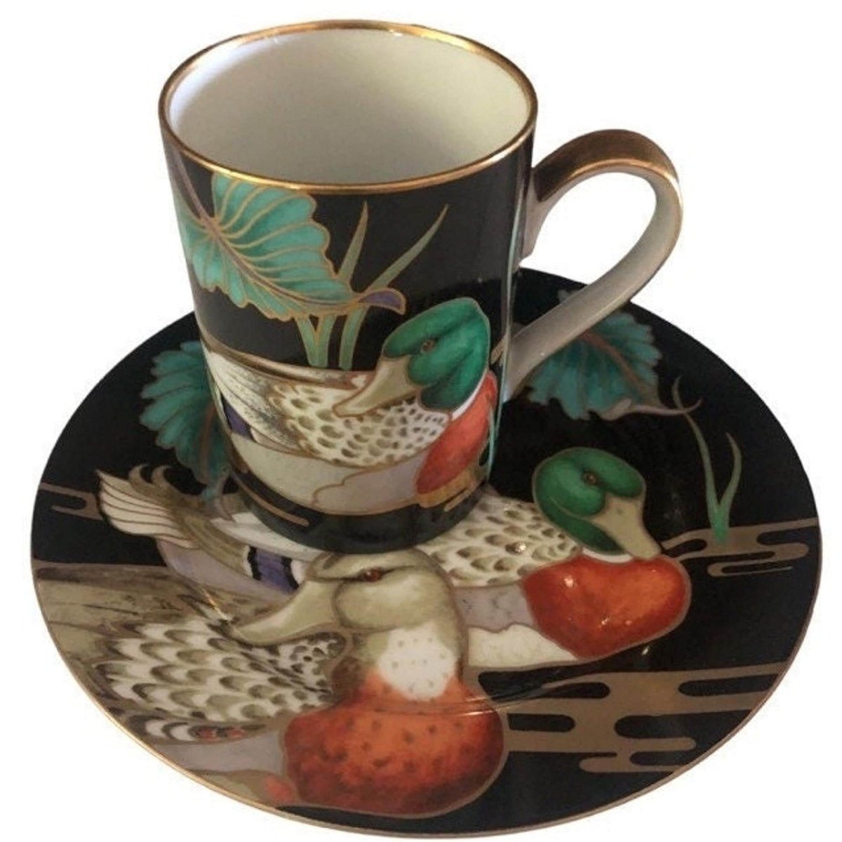 Mallard Pond Fitz And Floyd Mug, Retro Coffee Cup, Gold Rim