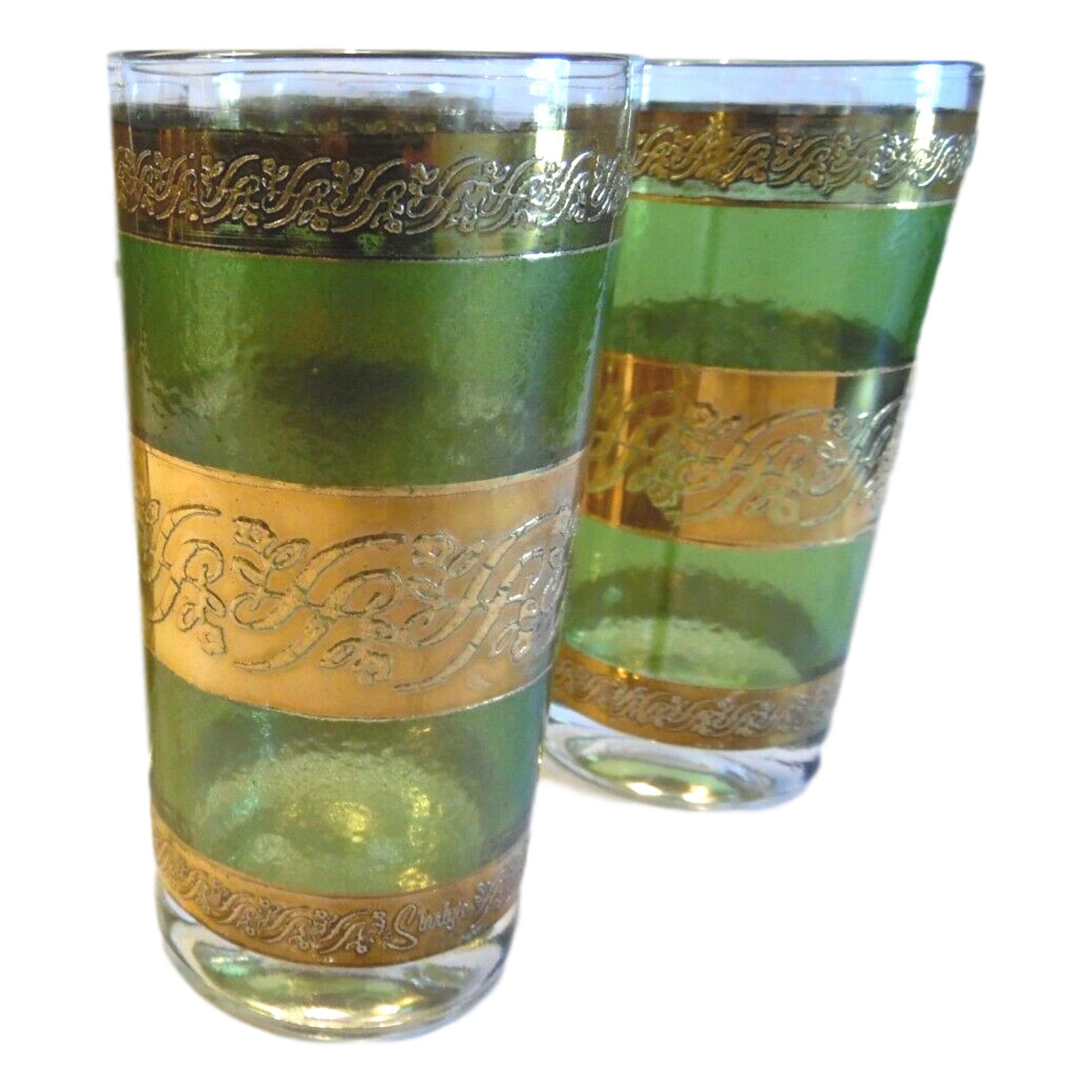 MCM Green & Gold Highball Glasses - Set of 4 - Vintage Barware Tumblers