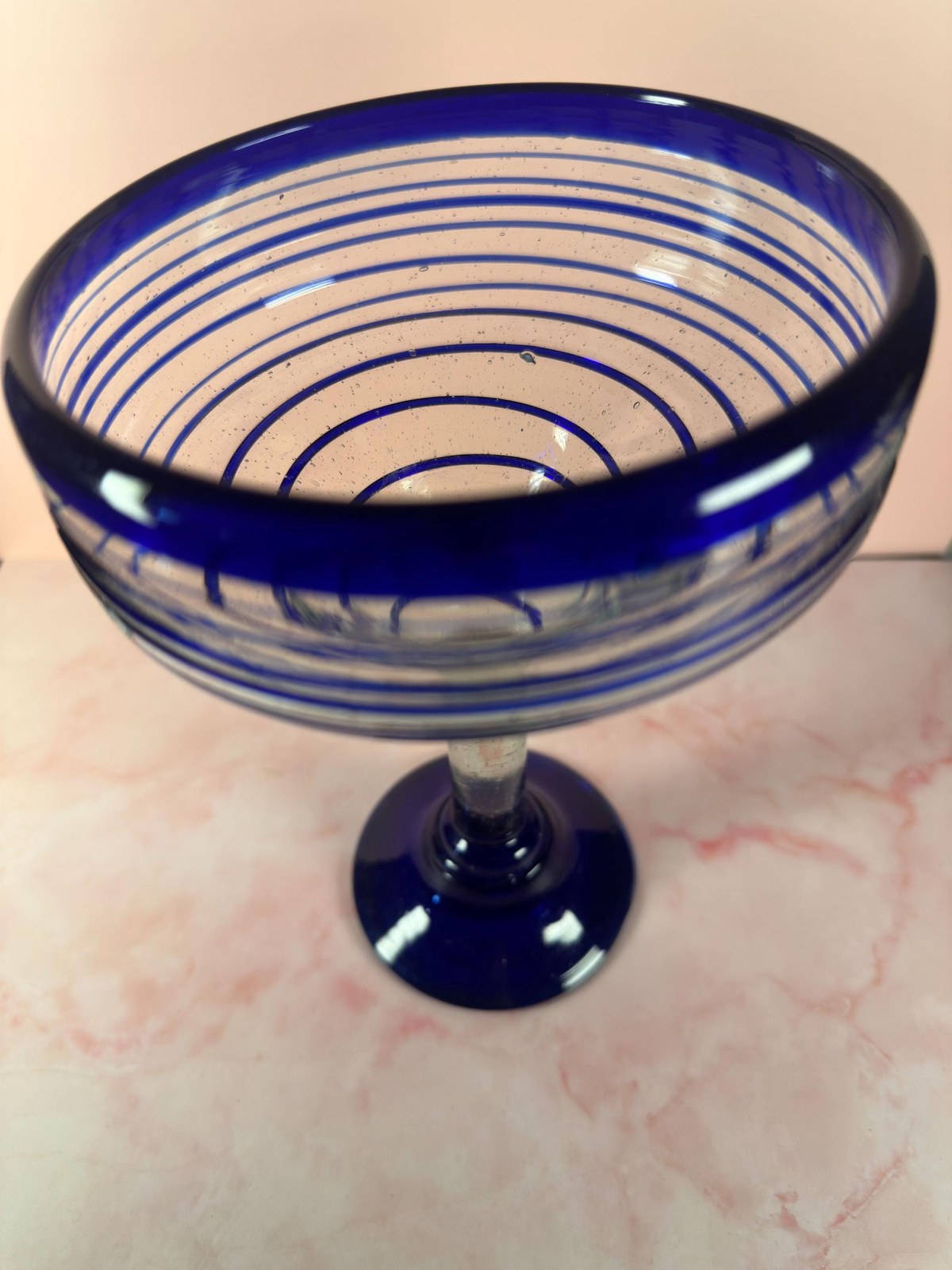 Mexican Hand Blown Margarita Glass 16 oz, Blue spiral Design