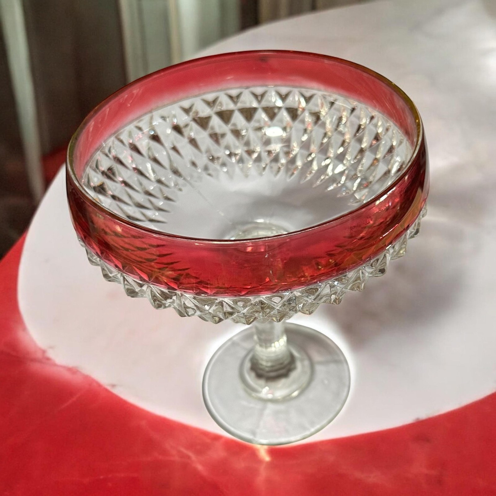 Mid Century Indiana Glass Candy Dish, Ruby Flash, Diamond Point Pedestal