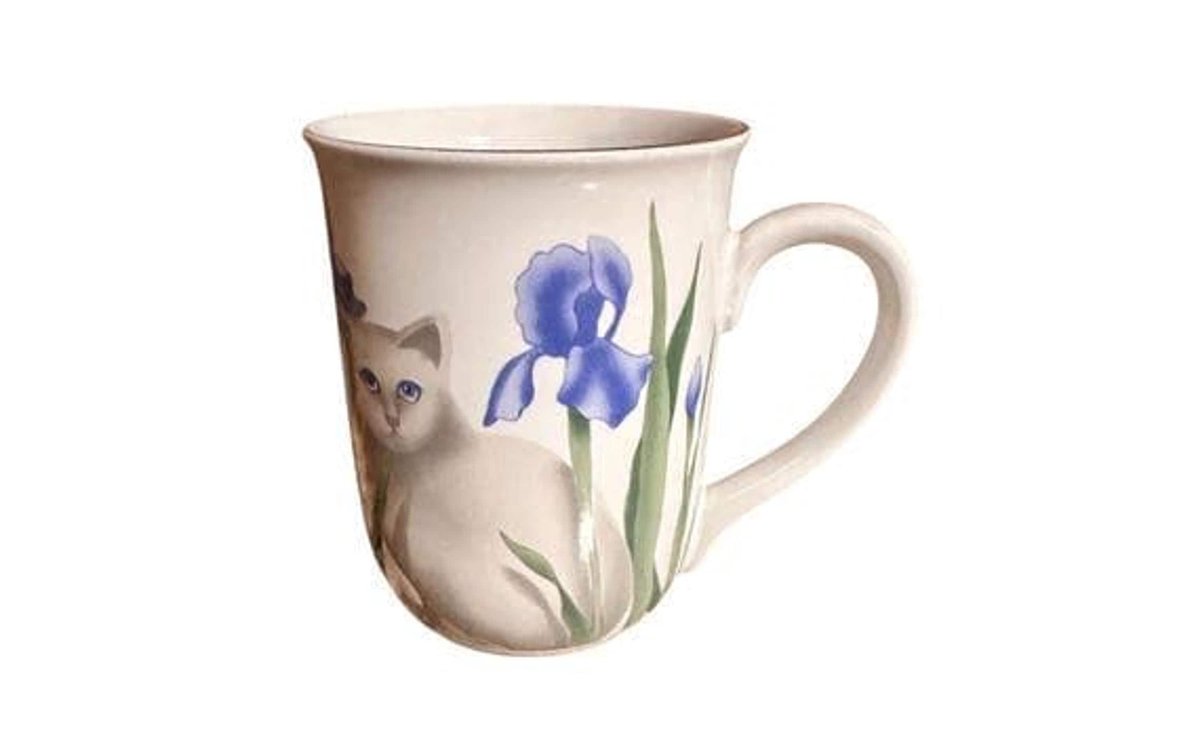 Otagiri Cat Mug, Blue Irises Ceramic, Vintage Floral Coffee Cup