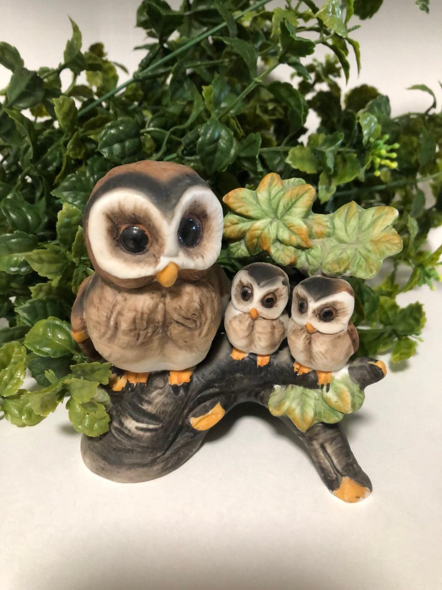 Owl Family Figurine Bisque Porcelain Bird Decor Homeco Statue G-3734