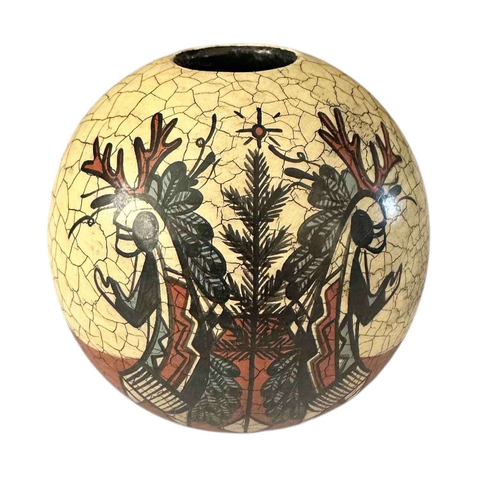 Pat Pauli Kachina Hand Painted Pottery 4 Inch Pot, Crackle Glaze Southwestern Decor